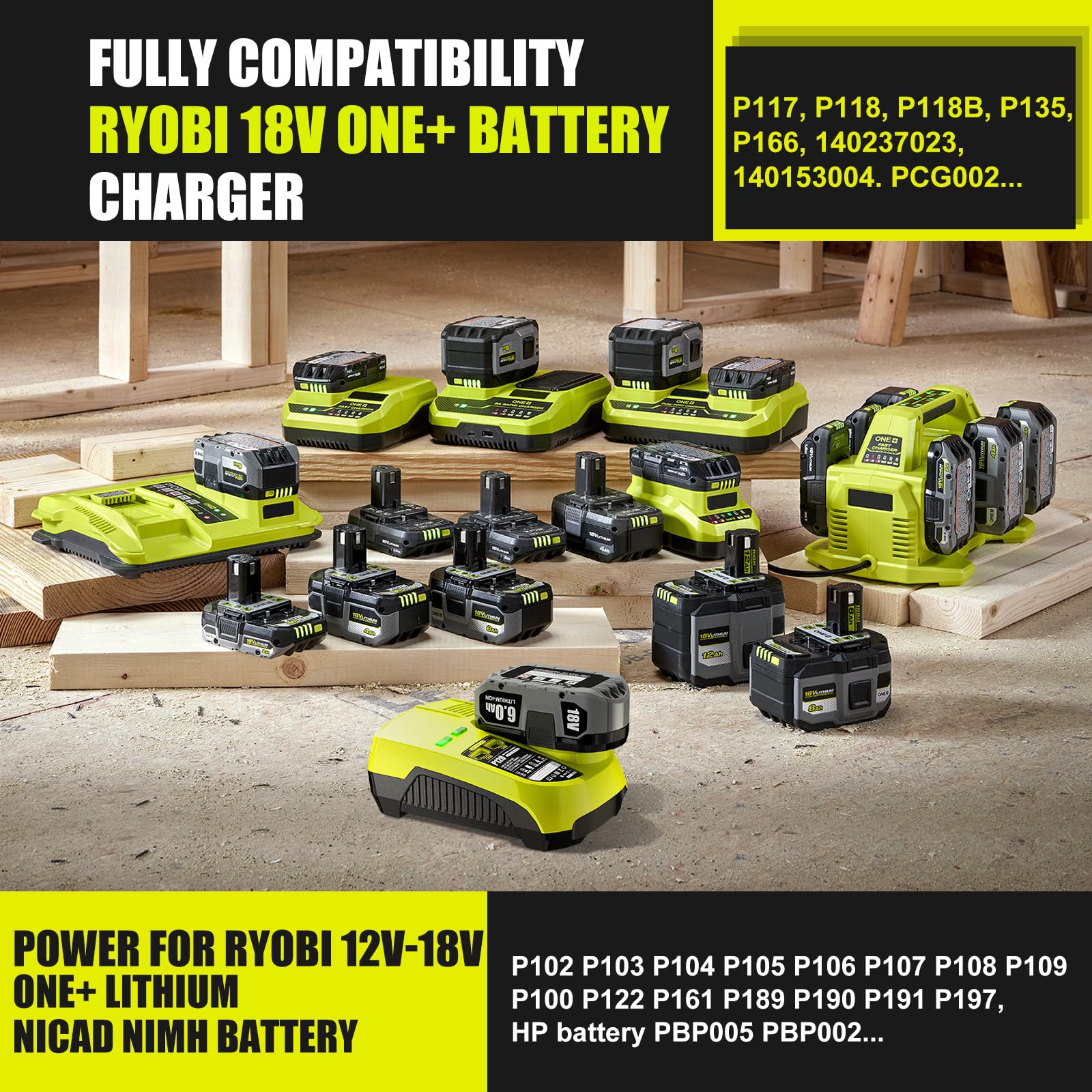 Cargador de repuesto para Ryobi 18V cargador de batería P117 (con 2 puertos USB), compatible con Ryobi Battery 12V-18V One+ batería NiCad NiMh de litio P102 P108 P103 P105 P107 P190 PBP002