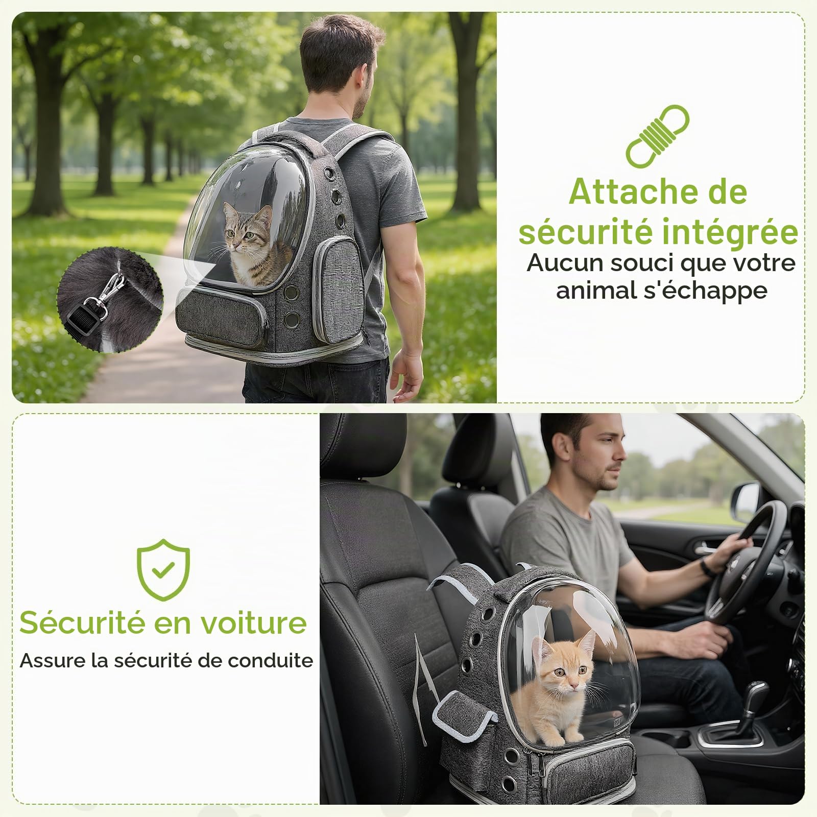 Sac à Dos pour Chat Bulle Transparent, Sac de Transport pour Animal - Sac Portable et Pliable pour Chien/Chat jusqu'à 5kg, Respirant et Léger pour Vétérinaire, Voyage (Gris, 42x34x27cm)