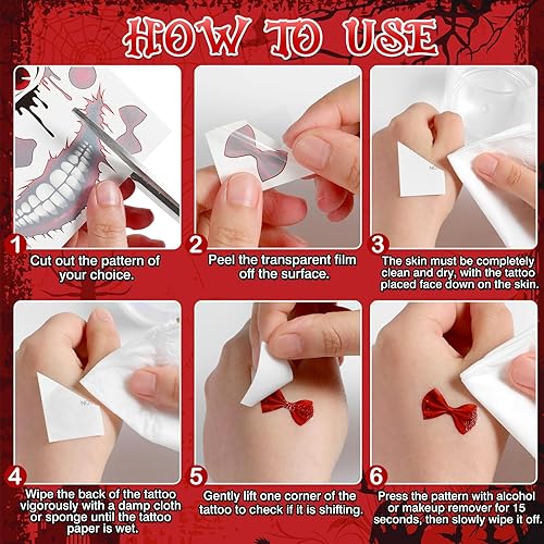 HOWAF 4 Sheets Halloween Clown Face Tattoos Joker Full Face Temporary Tattoos, Hallows' Eve Creepy Clown Evil Costume Tattoo Stickers, Jokers Clowns cosplay Make Up Facial Tattoo