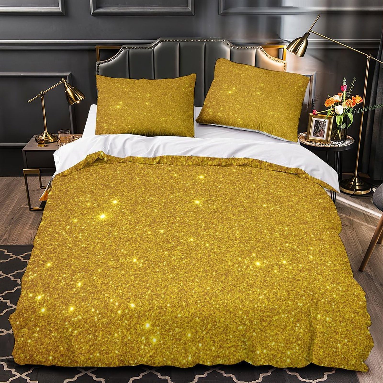 Parure de lit imprimé 3D paillettes dorées 140x200 pour lit simple