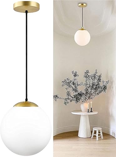 Miniatura 1 de KoKo&Yukina Lámpara colgante moderna de globo de cristal blanco con acabado de latón, contemporánea de mediados de siglo, ajustable, lámpara