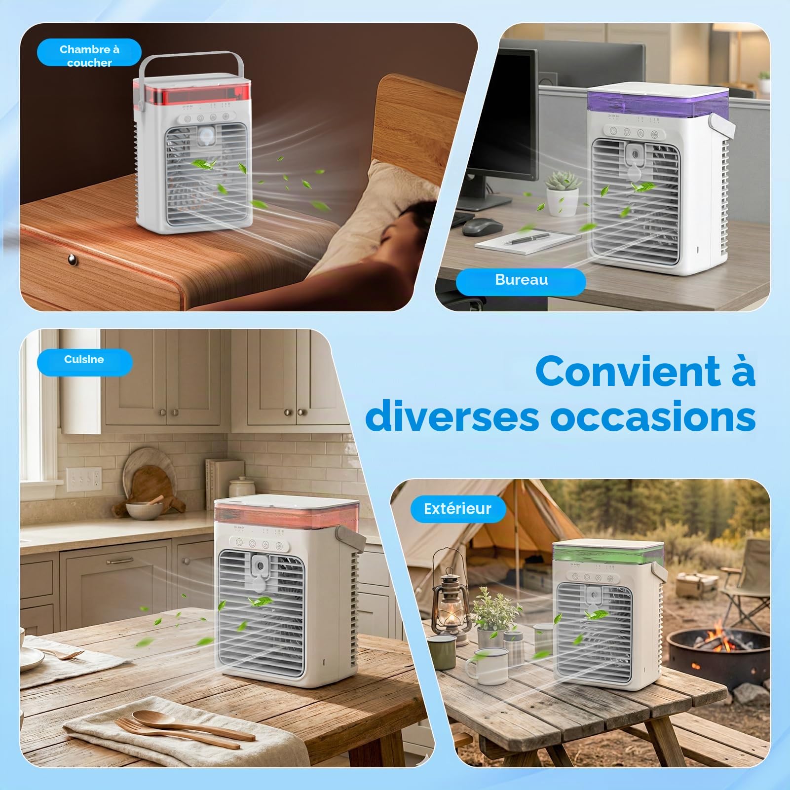 Climatiseur Portable, 3-en-1 Refroidisseur par Évaporation avec 3 Vitesses & 2 Modes Brumisation, 1000ml Mini Climatiseur, Ventilateur USB avec Lumière RGB & Minuterie pour Chambre Bureau Voiture