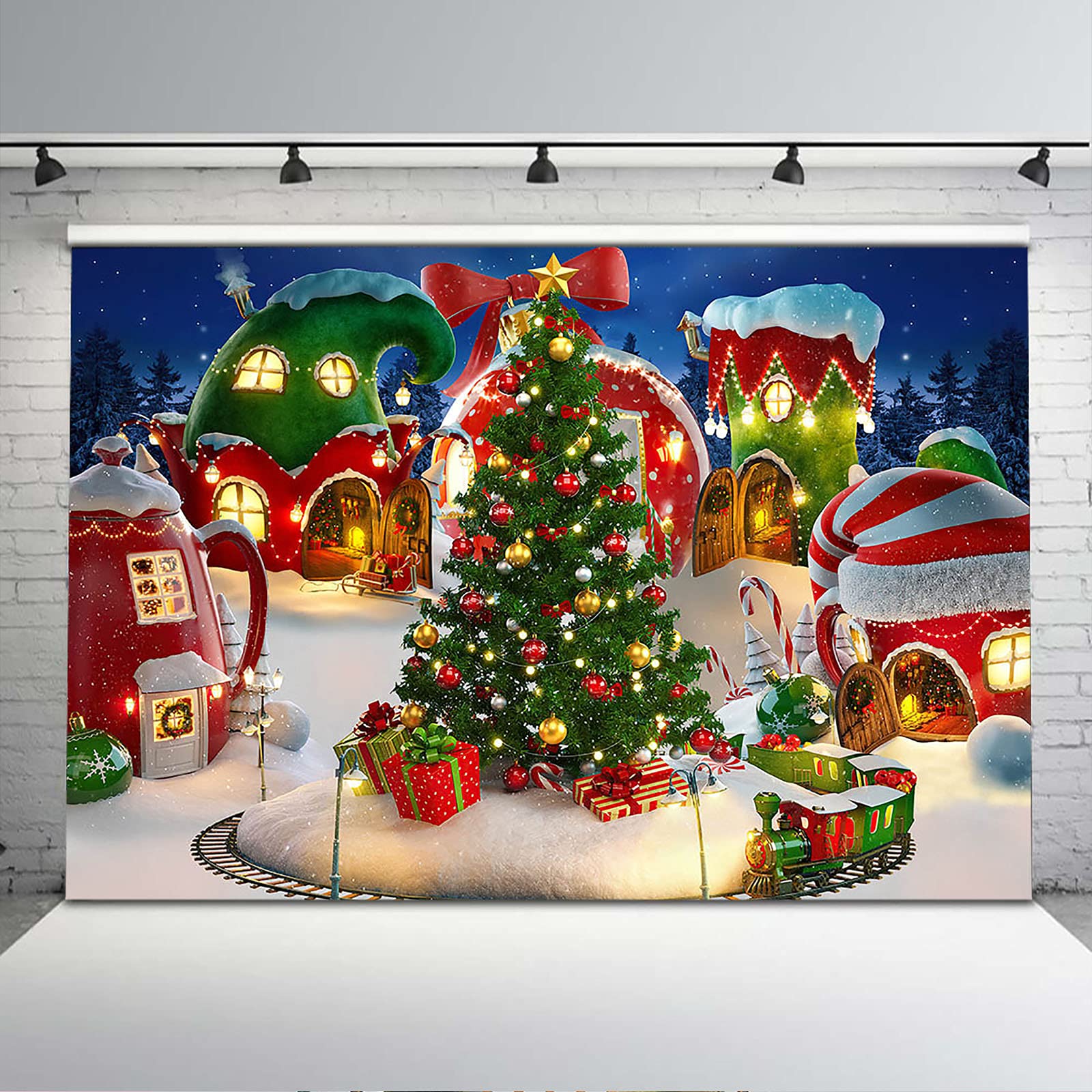 Avezano Cartoon Christmas Village Photography Backdrop Winter Snow Xmas Tree Background Christmas Fairy Tale Animated Kid Party Backdrops Photo Booth