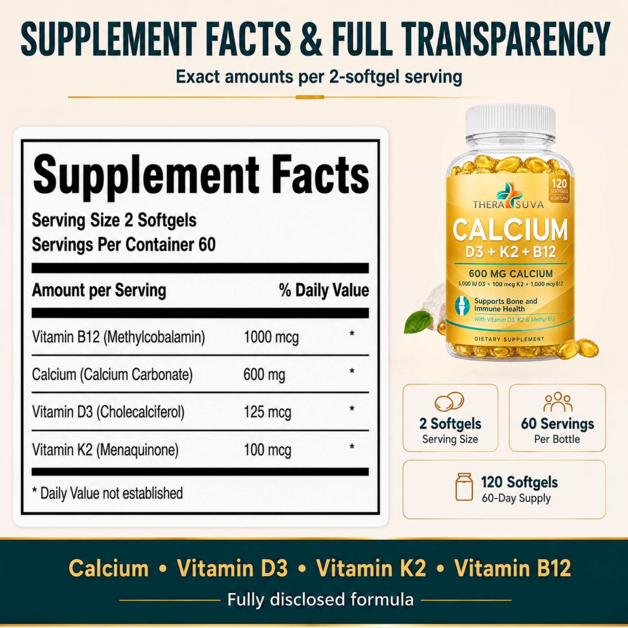 Extra Strength 4-in-1 Calcium 600mg + D3 + K2 + B12, 120 Veggie Softgels — Amazon image 6