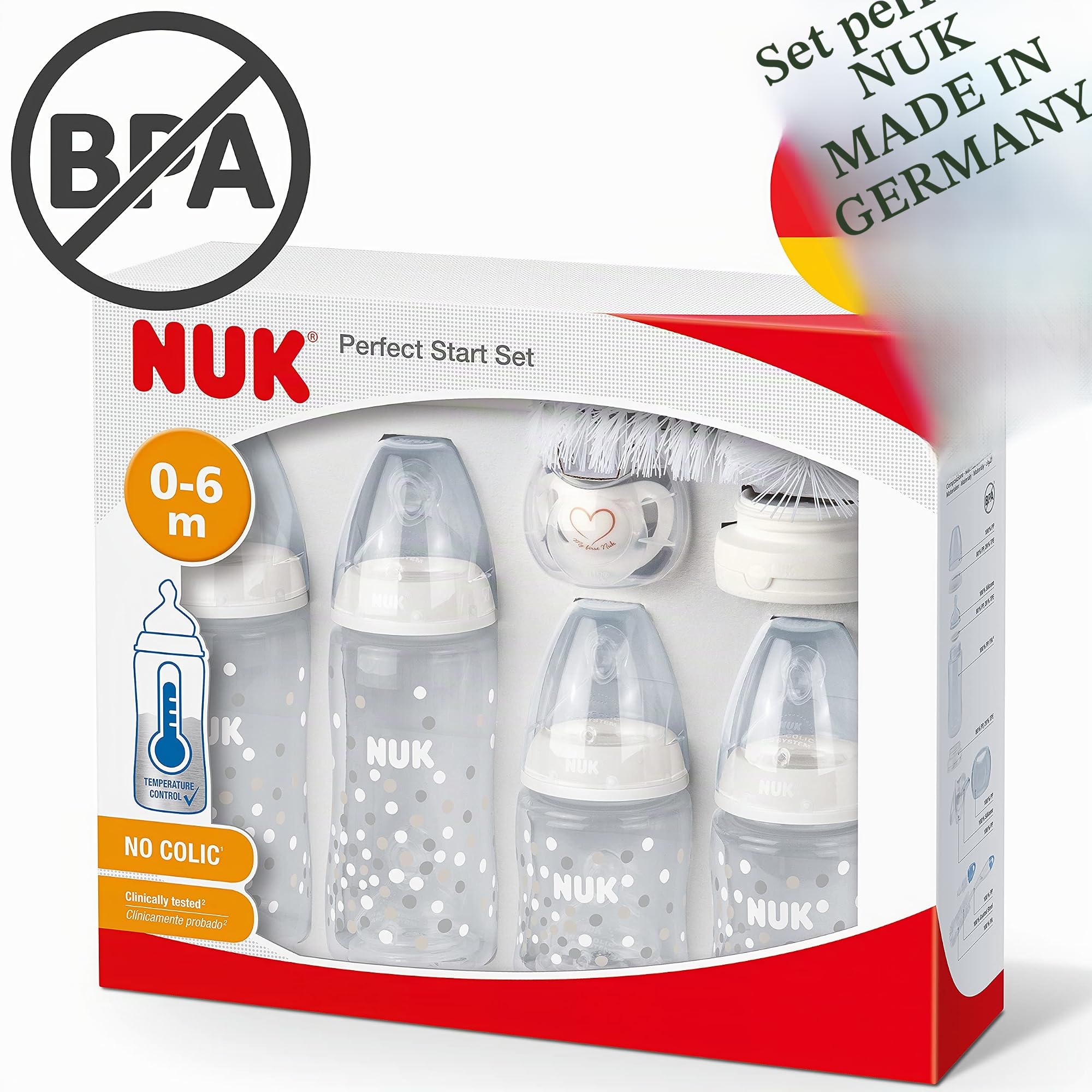 NUK Perfect Start First Choice+ Set di biberon, 0-6 mesi, 4 biberon con controllo della temperatura, ciuccio, scovolino e altro, senza BPA, 10 pezzi, bianco/trasparente