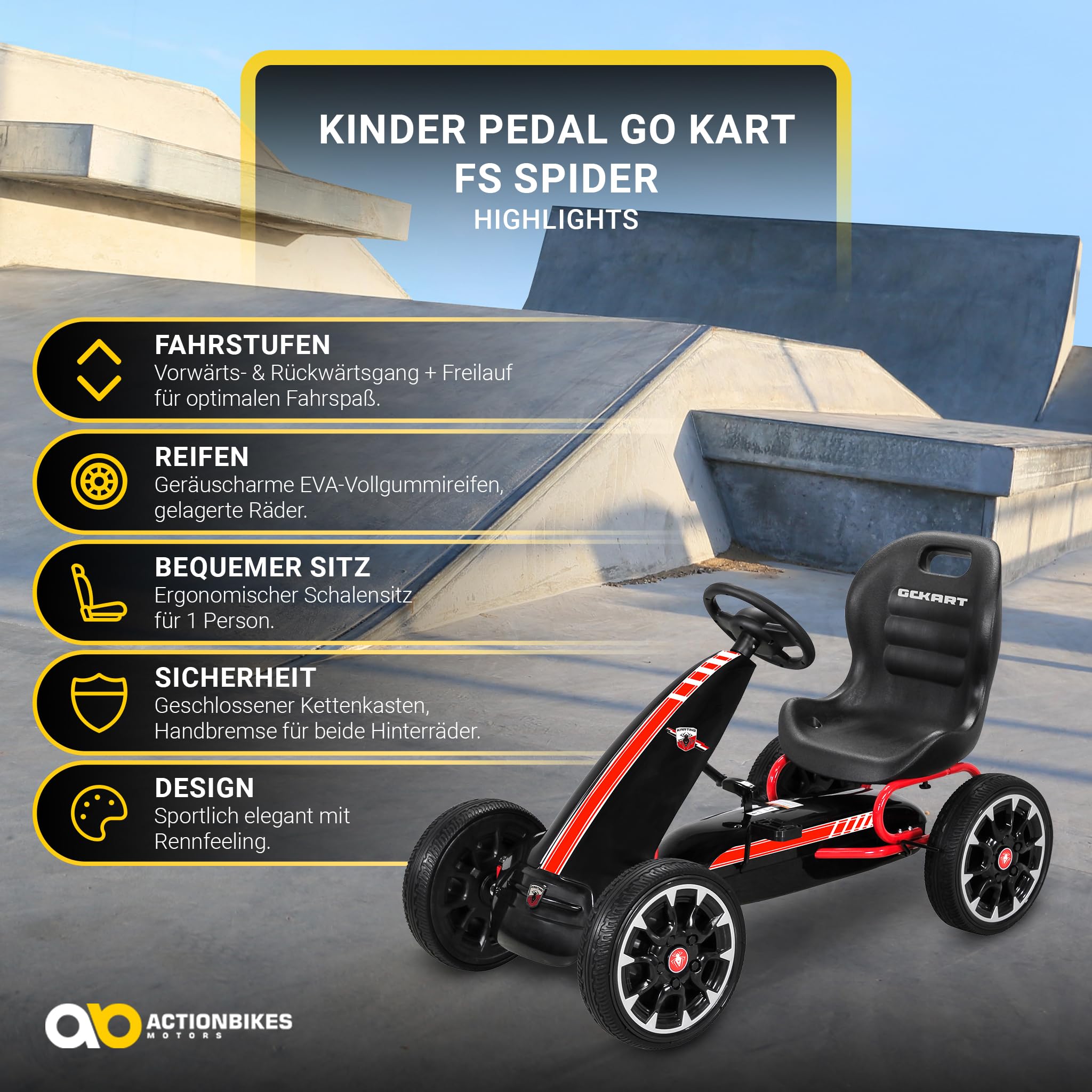 Actionbikes Motors GoKart FS Spider | 2-Rad Antrieb | Handbremse | Kettcar | Go Kart | Kinderauto | Go Cart | Kinder GoKart | Tretauto | Kart | Kinderfahrzeug | Auto für Kinder ab 3 Jahre (Schwarz)