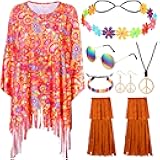 7Pcs 60s 70s Hippie Costume Accessories Set Tie Dye Poncho Tassel Boot Covers Sunglasses Outfits for Cosplay Party