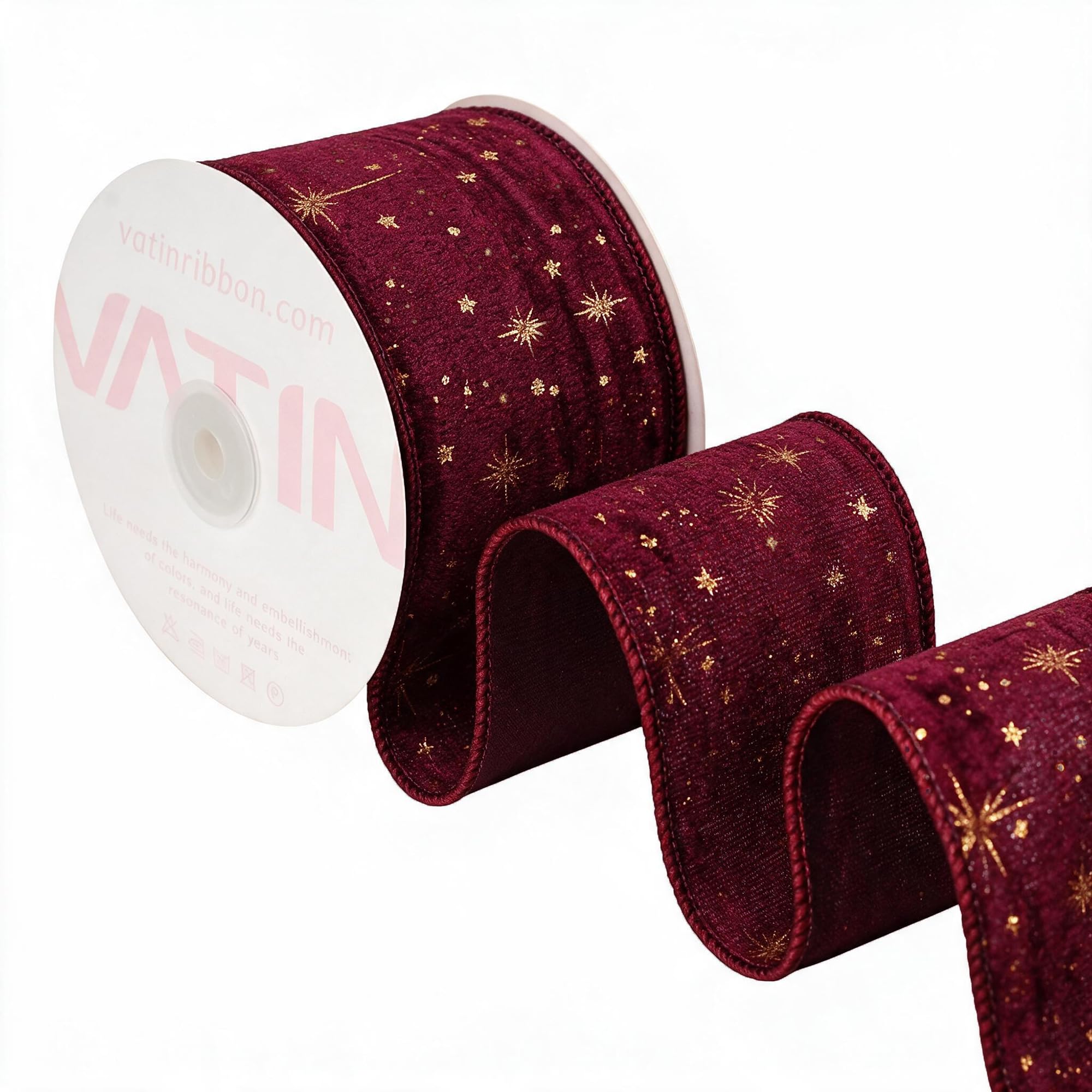 VATIN Burgundy Pleated Velvet Gold Starburst Wired Ribbon, 65 MM x 9 M