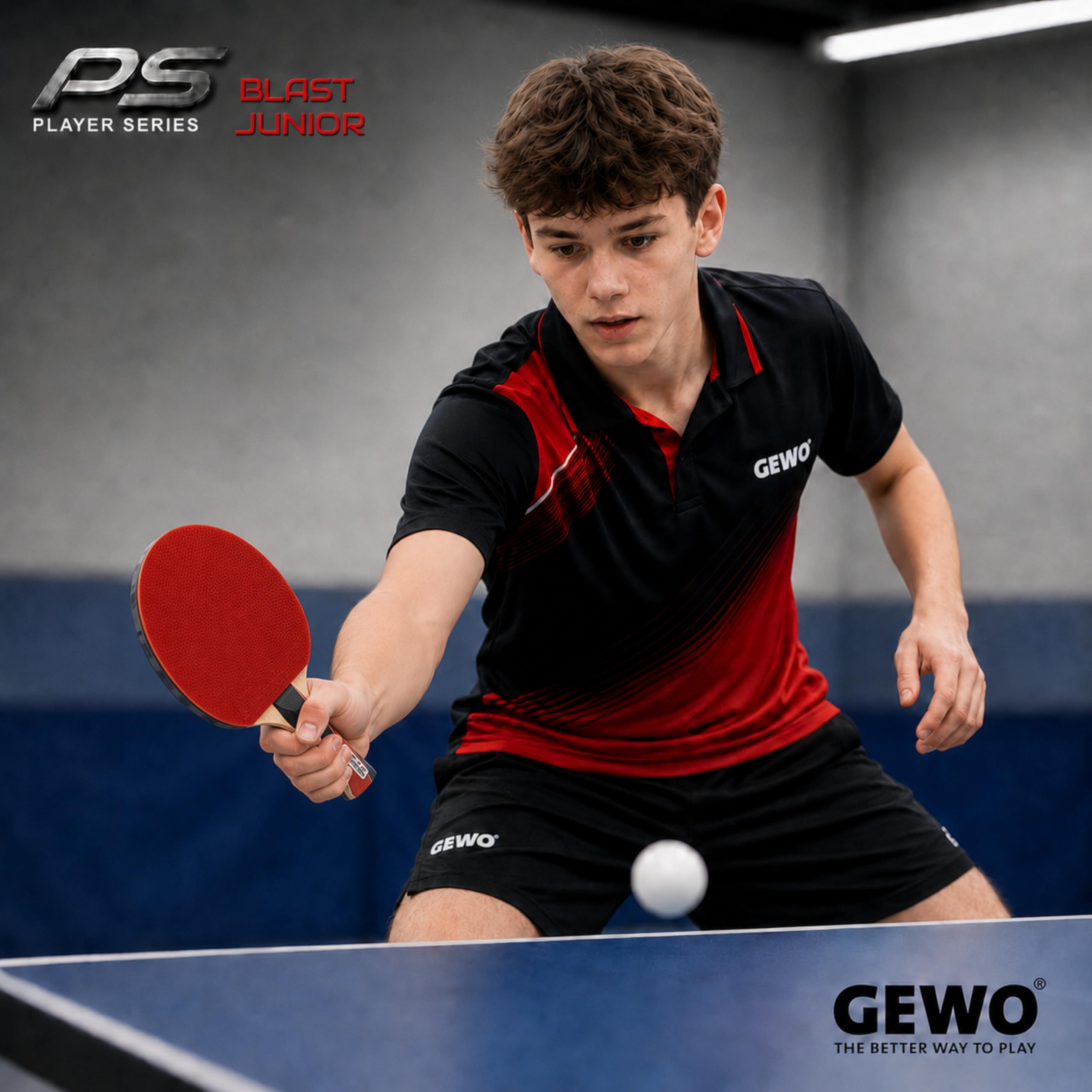 GEWO PS Blast Junior Tischtennisschläger - ITTF genehmigter Anfänger-Tischtennisschläger für Kinder und Jugendliche, Fertigschläger mit kontrolliertem Belag und hoher Rotation, konkav, 1,8mm Schwamm