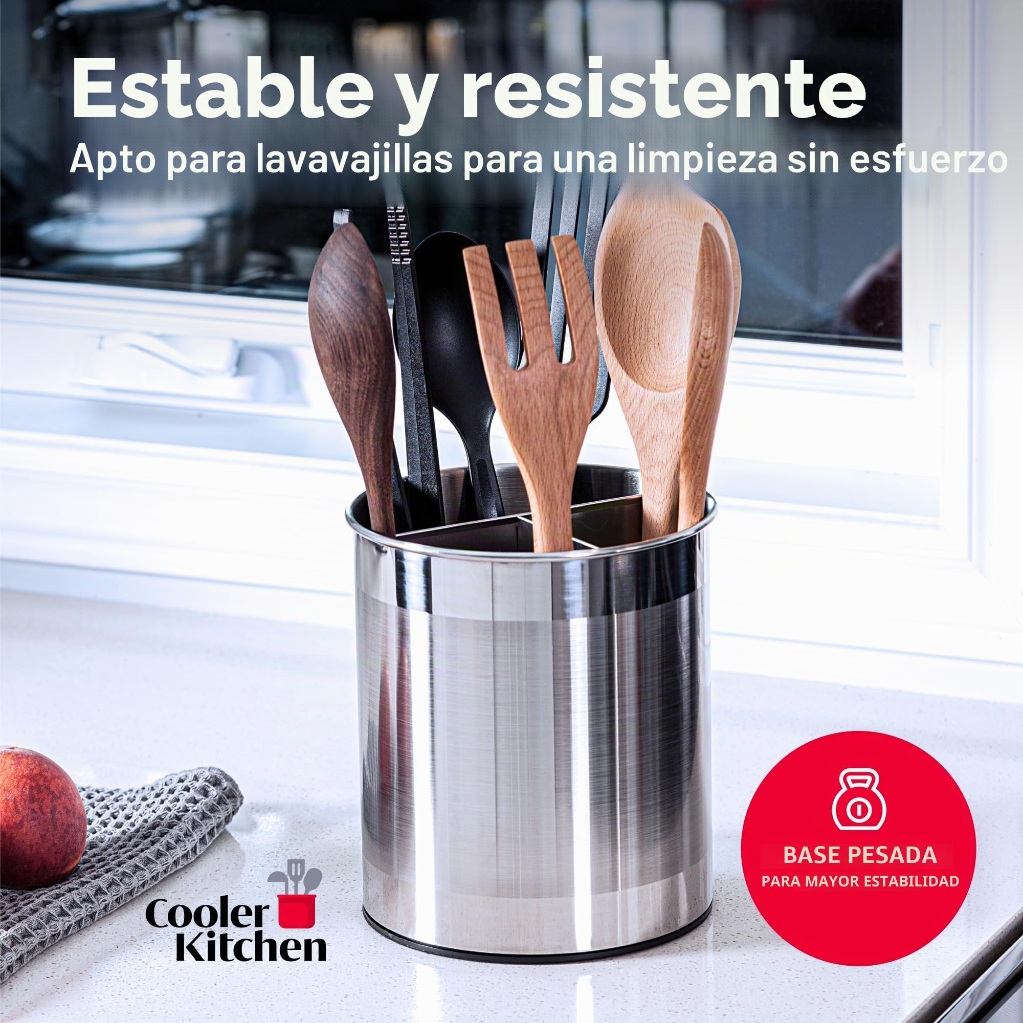 Soporte para Utensilios de Cocina COOLER con Base Estable Antivuelco, Divisor Removible y Fondo con Inserto Antideslizante. Lavavajillas