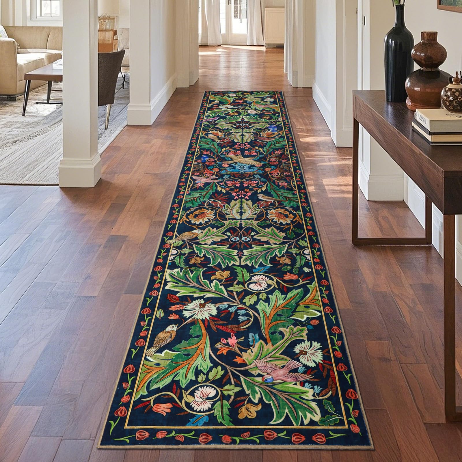 TUKDAK Runner Rugs for Hallway 60×300 cm,Dark Blue Bird Washable Carpet for Kitchen with Non Slip Backing,Soft Low Pile Long Entryway Rug,Boho Animal Bedroom Floor Mat for Entrance Living Room Laundry — image 1
