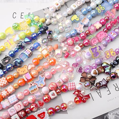 Miniatura 4 de Cuentas acrílicas surtidas de 3.53 onzas, cuentas de estrella de corazón de mariposa, cuentas de color AB, lindas cuentas sueltas redondas pastel a