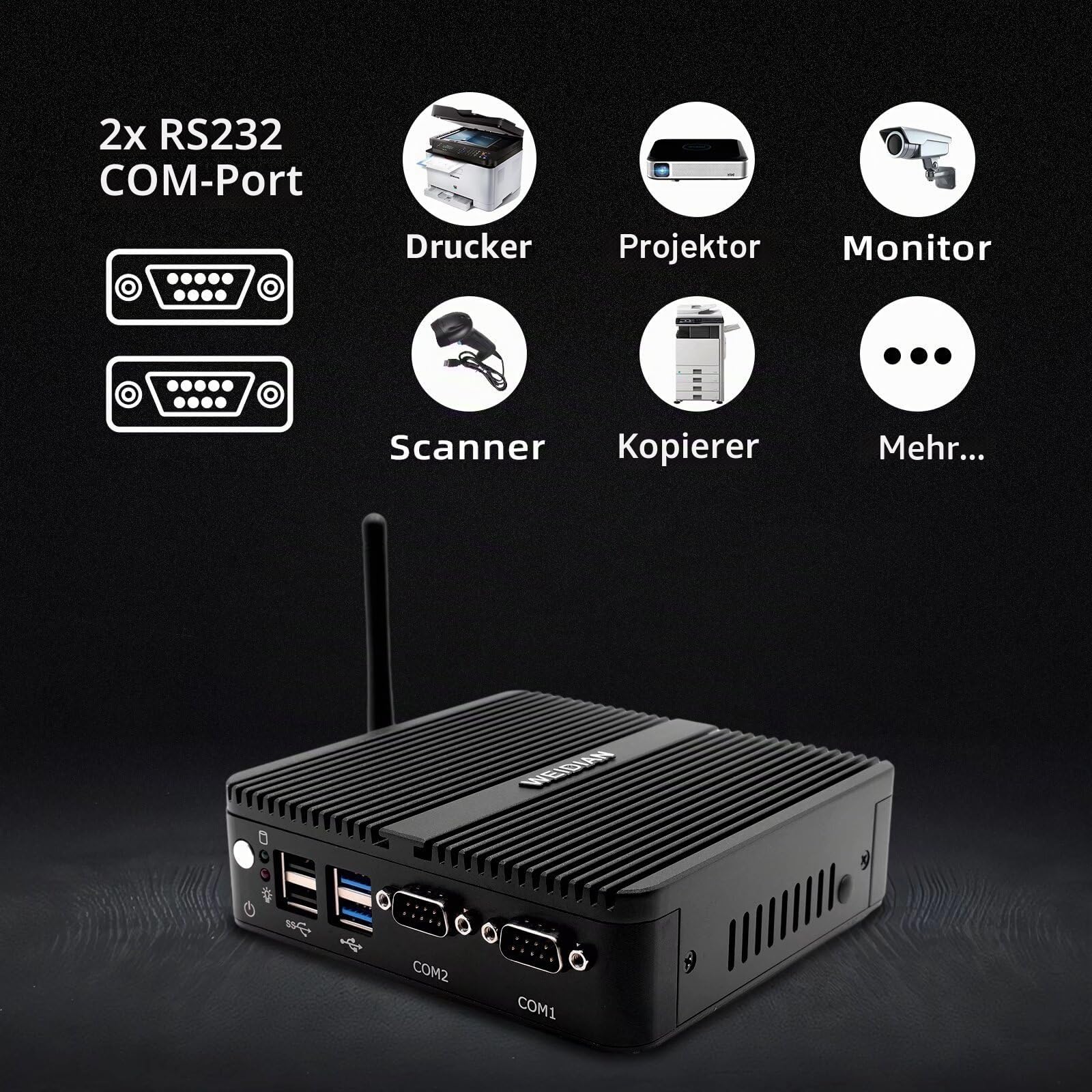 WEIDIAN Lüfterloser PC, Industrie PC, J5005(bis zu 2,8 GHz) Industrial Fanless Mini Computer, HD/VGA Dual Display 4K HD, USB3.0, 2RS232 Com, 2Gigabit Ethernet, WiFi, Win11(8GB RAM 128GB SSD)