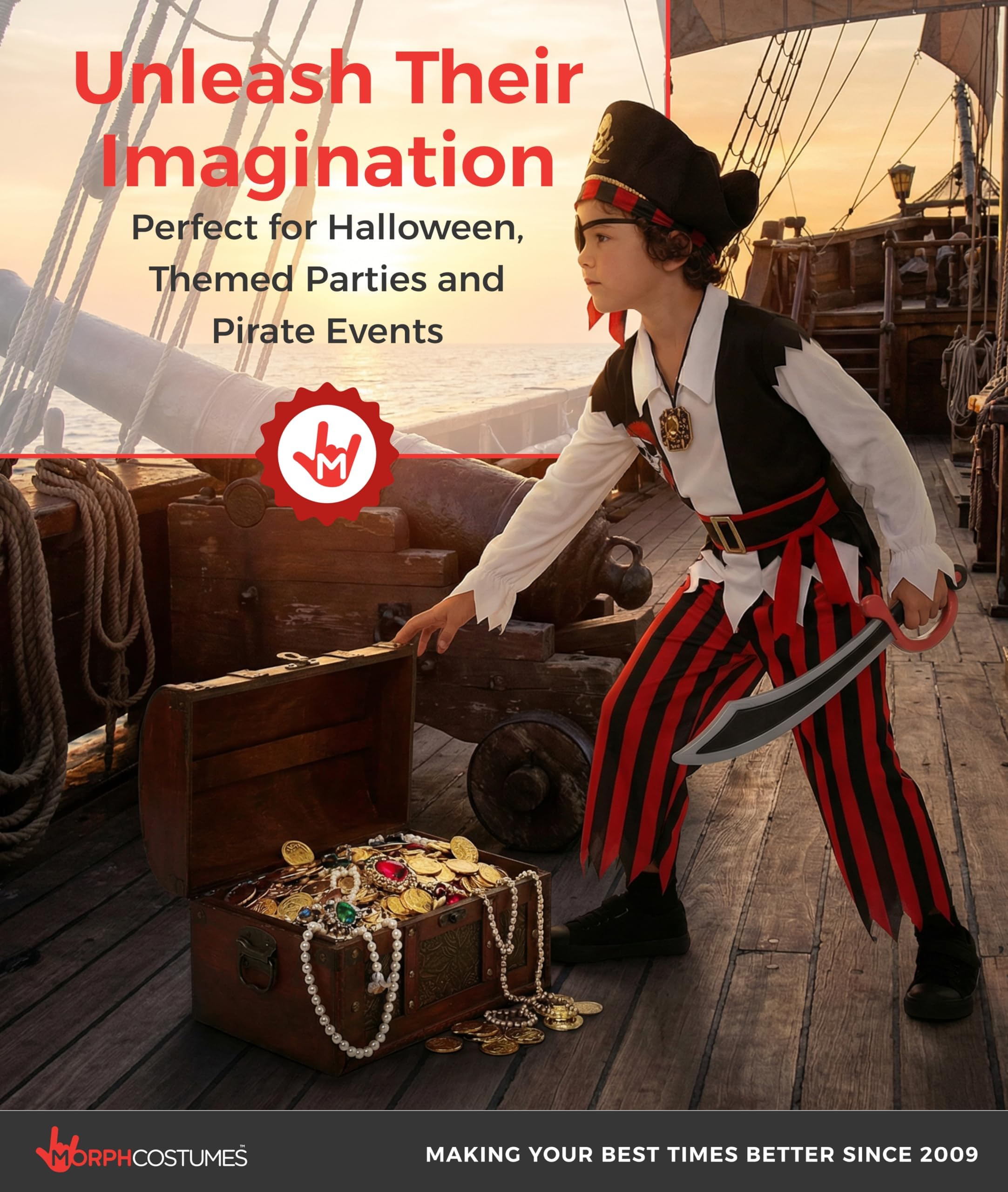 Morph Disfraz Pirata Niño Rojo, Capitán Pirata con Accesorios, Disfraces para Carnaval y Halloween