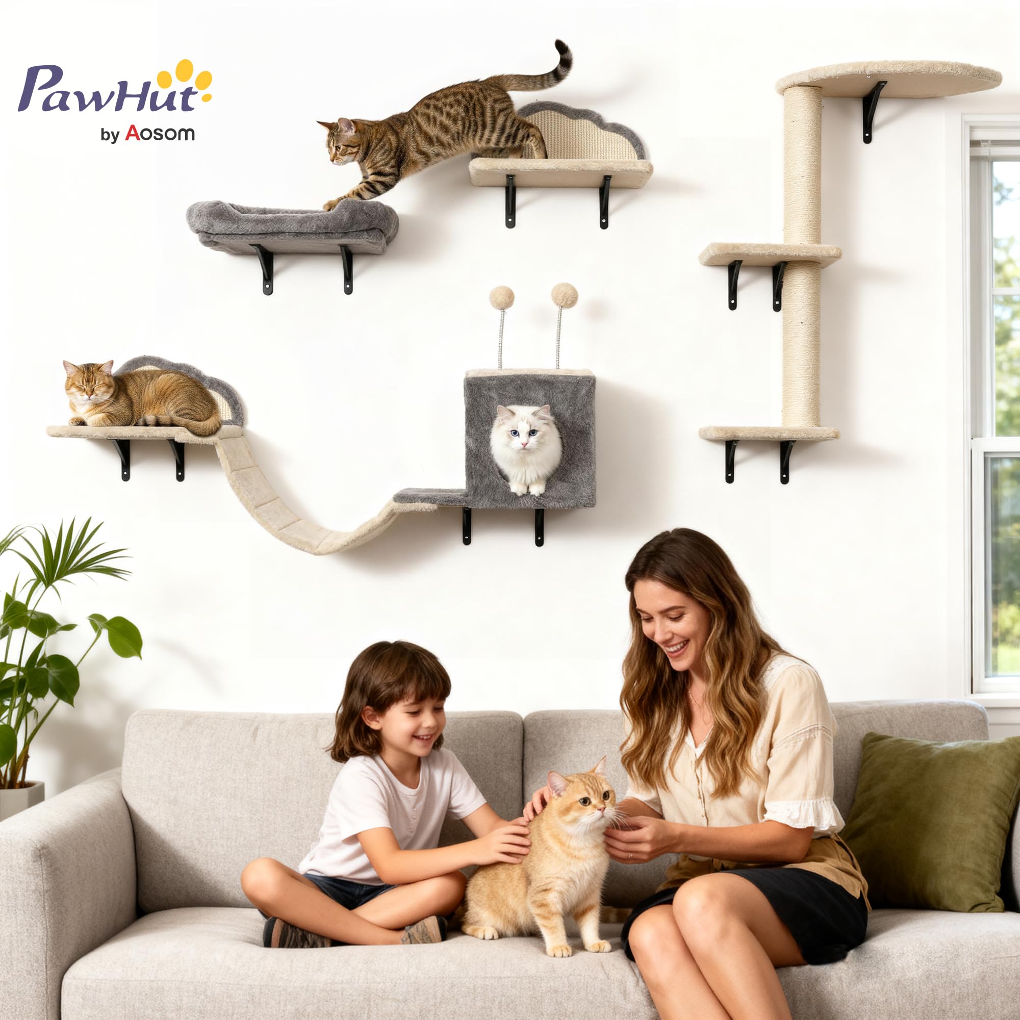PawHut Katzen Kletterwand Set Kratzbrett 4-teilig bis zu 5 kg Beige | Bett, Kratzbaum mit Höhle, Weicher Leiter, Katzenmöbel