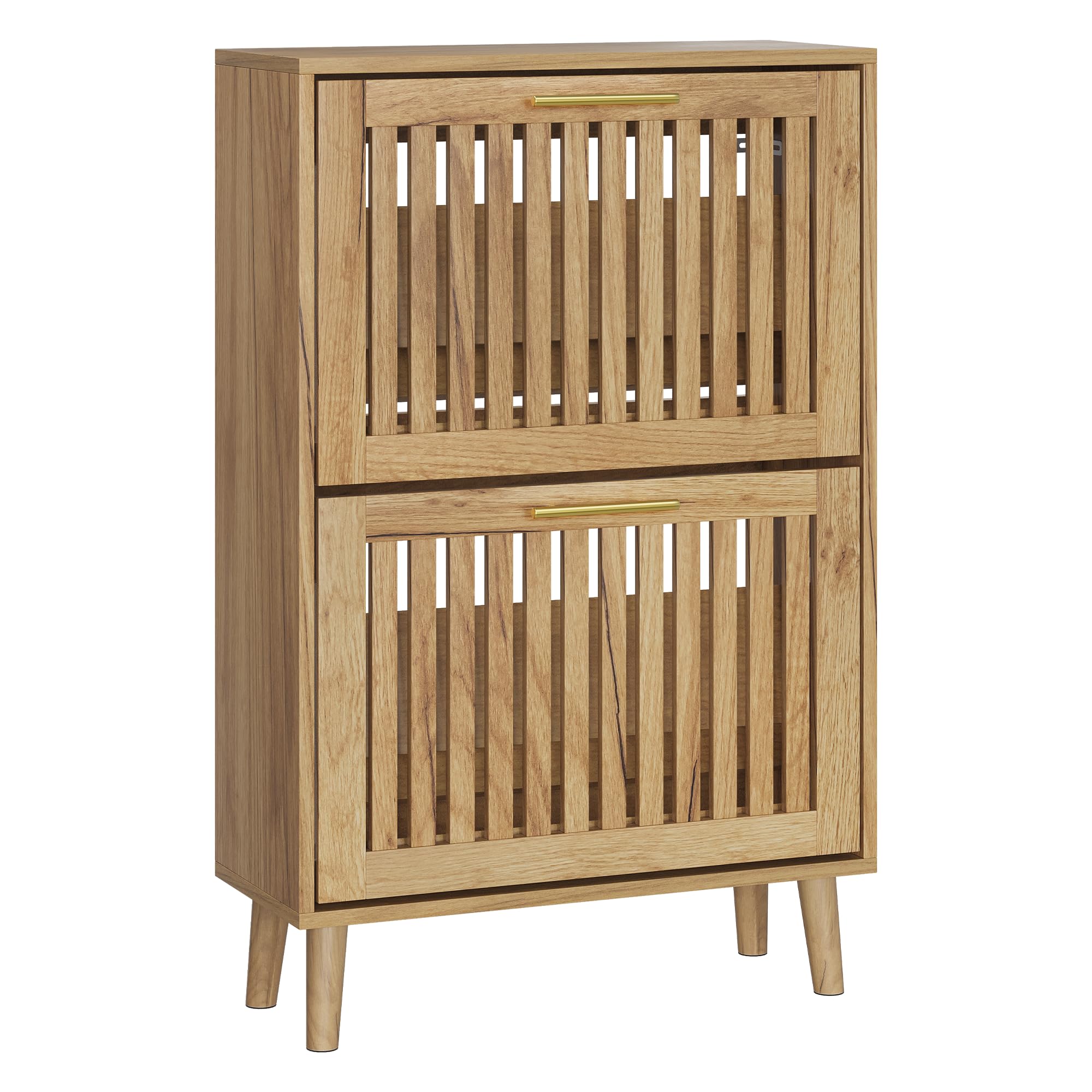 Smart FENDEE Schuhschrank mit 2 klappbaren Lattenschubladen, schmaler Schuhschrank aus Holz mit goldfarbenem Griff, versteckter Eingang, Schuh-Organizer für Flur, Foyer, Naturholz 60B cm
