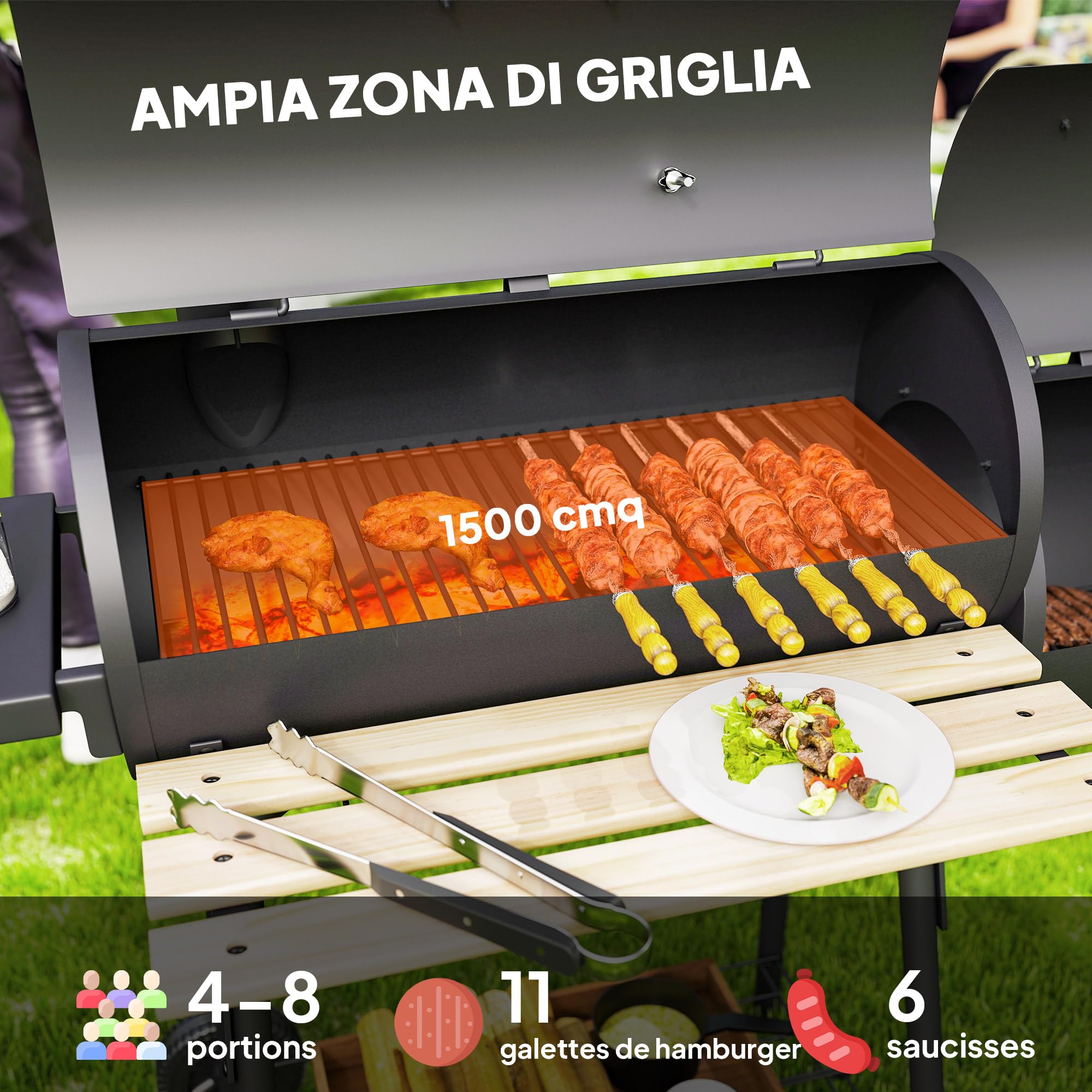 Outsunny Barbecue à charbon fumoir BBQ grill smoker sur pied avec couvercle, roulettes, thermomètre, étagères acier laminé à froid, noir