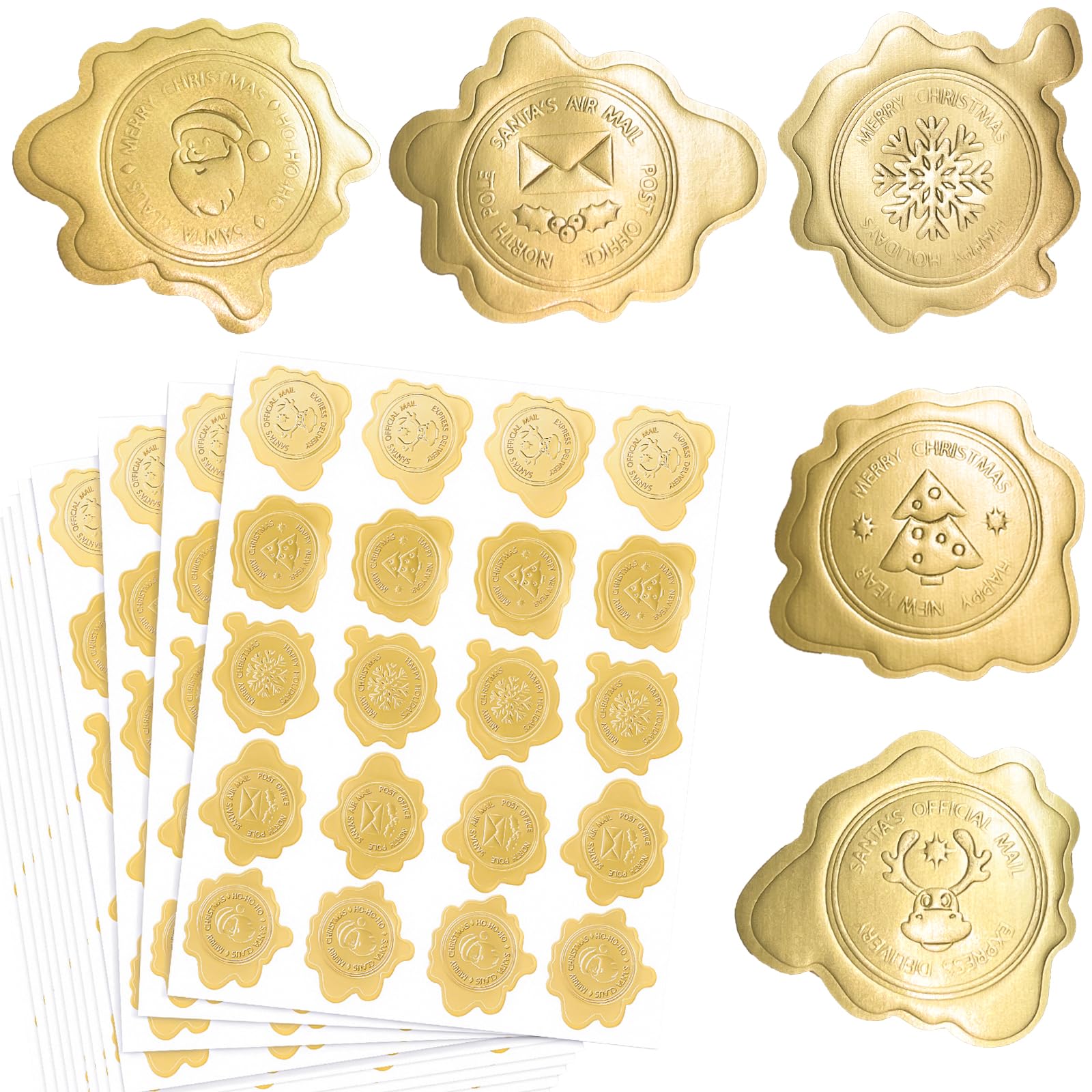 300Pcs Christmas Envelope Seals Stickers Gold Embossed Wax Foil Seal Looking Stickers Self Adhesive Wax Envelope Sticker for Christmas Holiday Wedding Party