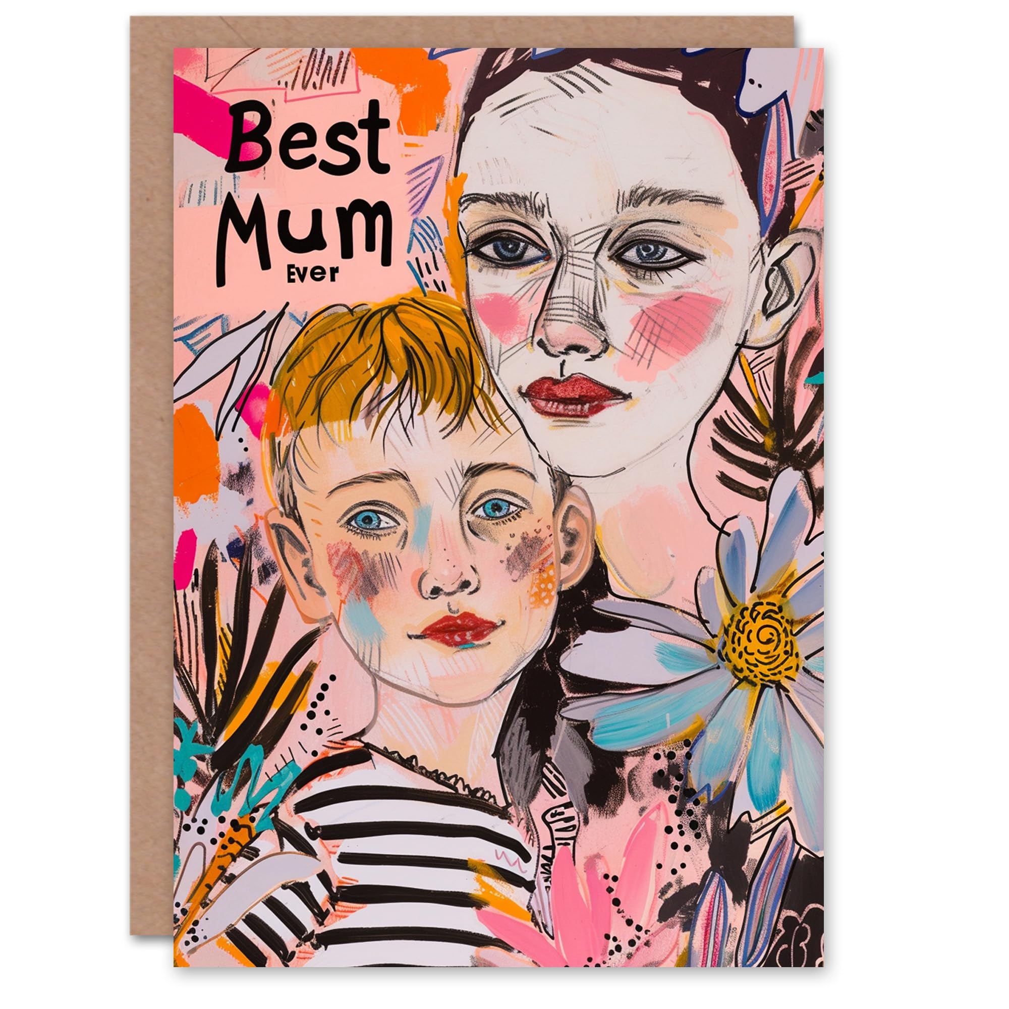 Artery8 Mother's Day Greeting Card Best Ever Floral Portrait with Son For Mum