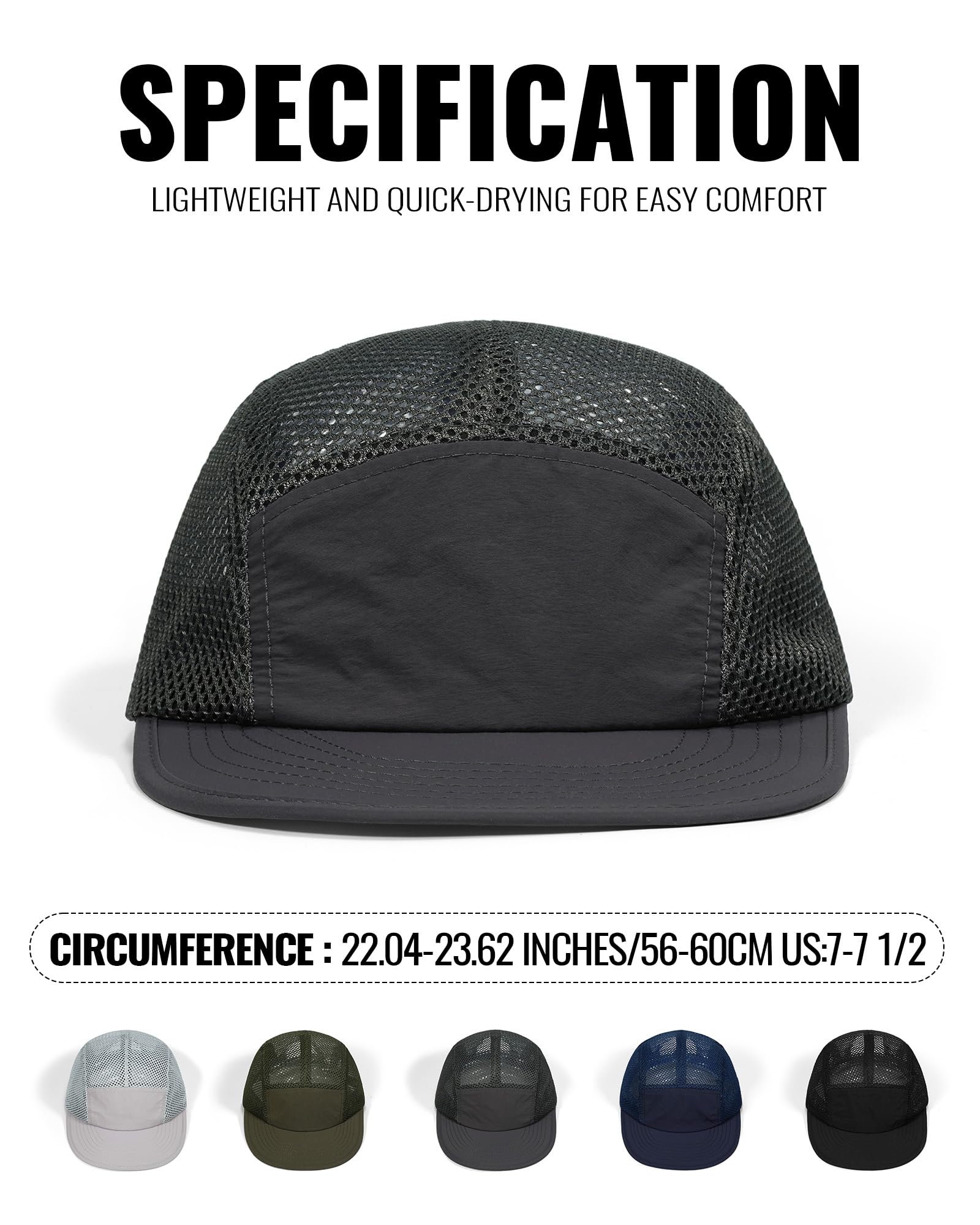 Croogo Cappello da baseball regolabile in rete a 5 pannelli, leggero, traspirante, ad asciugatura rapida, stile hip hop, cappello piatto, Asbh02-grigio scuro, Taglia unica