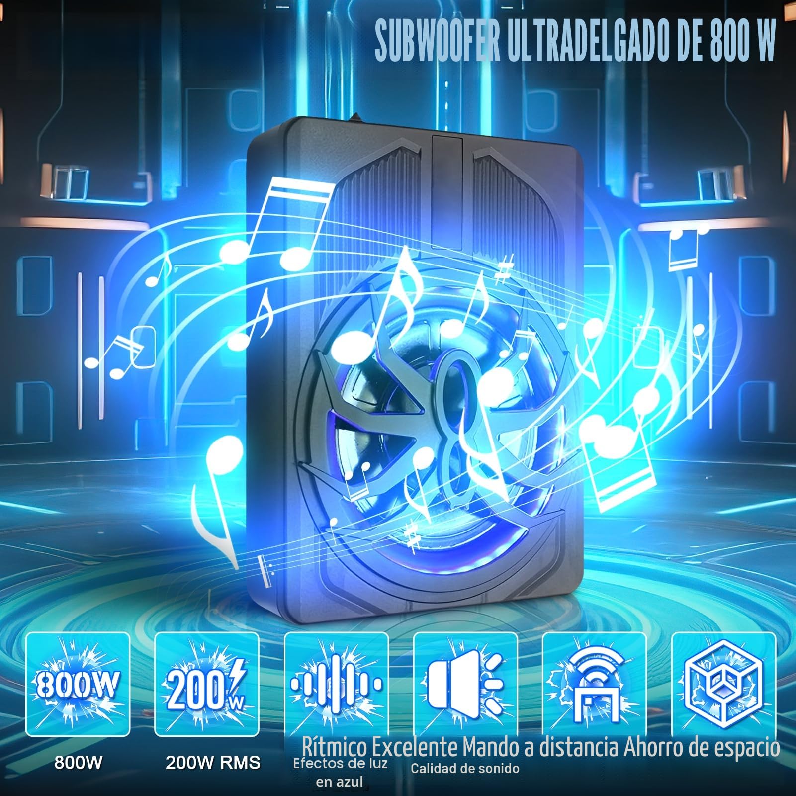Subwoofer activo ultradelgado de 10 pulgadas 800W para automóvil/camión con amplificador, graves potentes, frecuencia 20Hz-150Hz, controlador de graves incluido, con funciones de protección