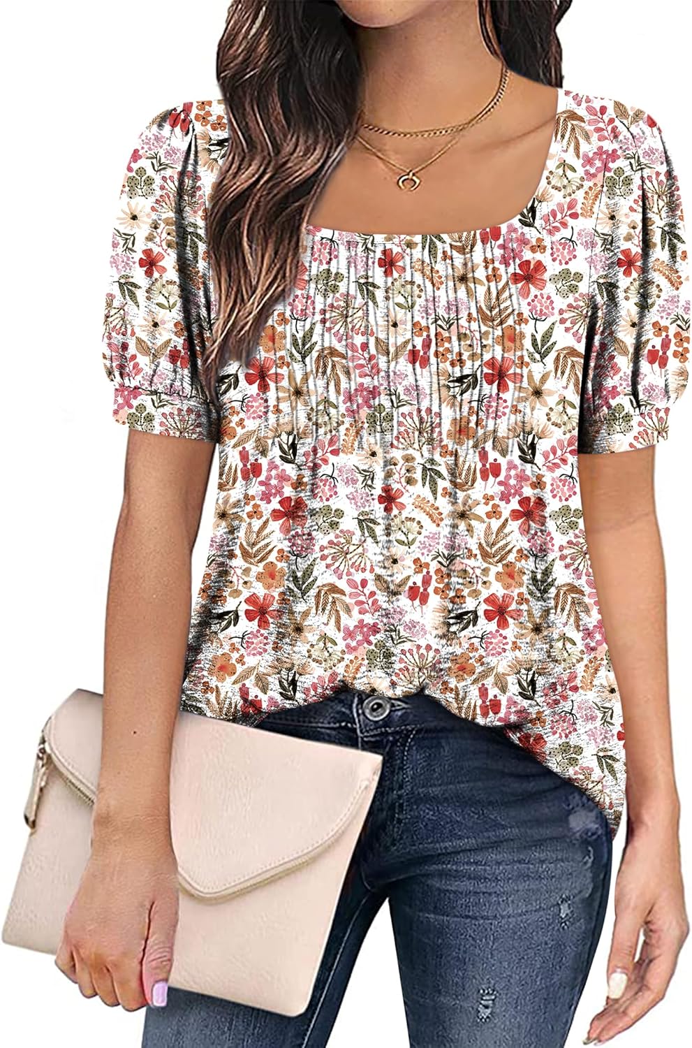 Zwurew Women's Summer Casual Puff Short Sleeve T-Shirts Square Neck Pleated Flowy Trendy Tunic Tops for Leggings S-2XL - Image 2