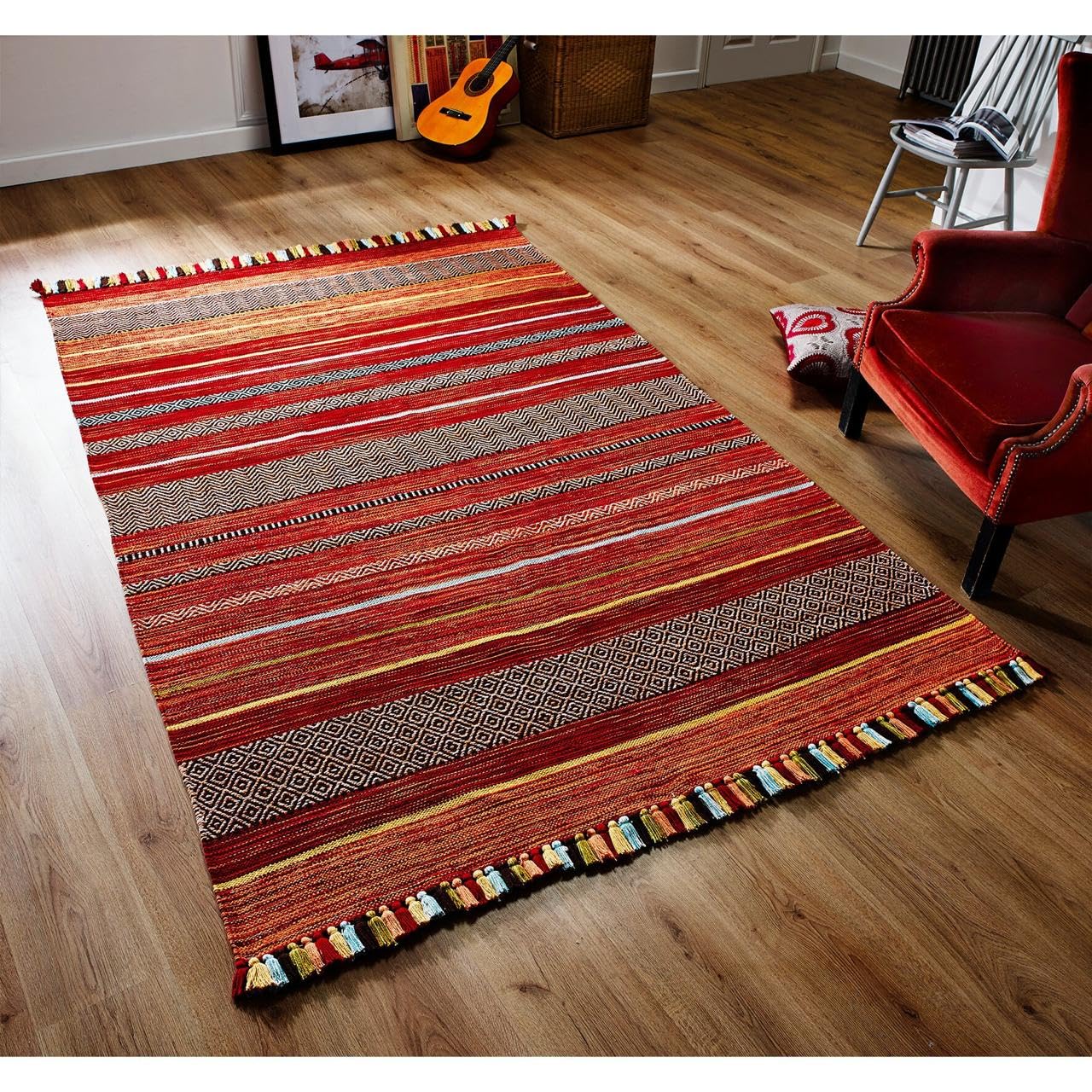 Kelim Area Rug for Indoor Use | Soft Cotton Blend Washable Carpet Runner | Handwoven Flatweave Red Stripe Mat for Living Room, Bedroom, Dining Room, Hallway, Floor Decor-67x220