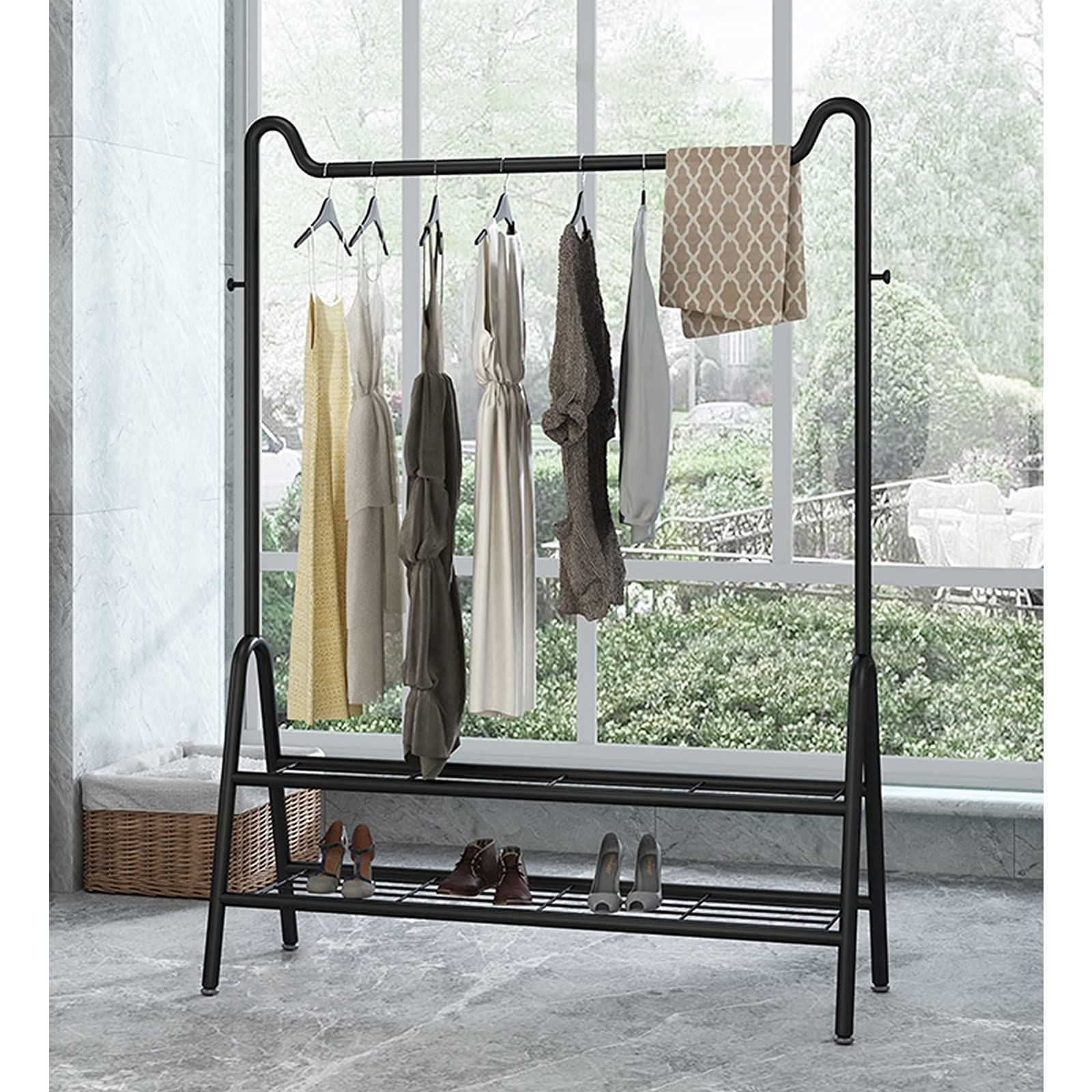 YNBSHGAA Freestanding Metal Clothes Rack - Mobile Garment Drying Stand with Shoe Shelf, Adjustable Clothing Hanger & Display for Coats - Black, 150cm Storage Solution,Black-120Cm