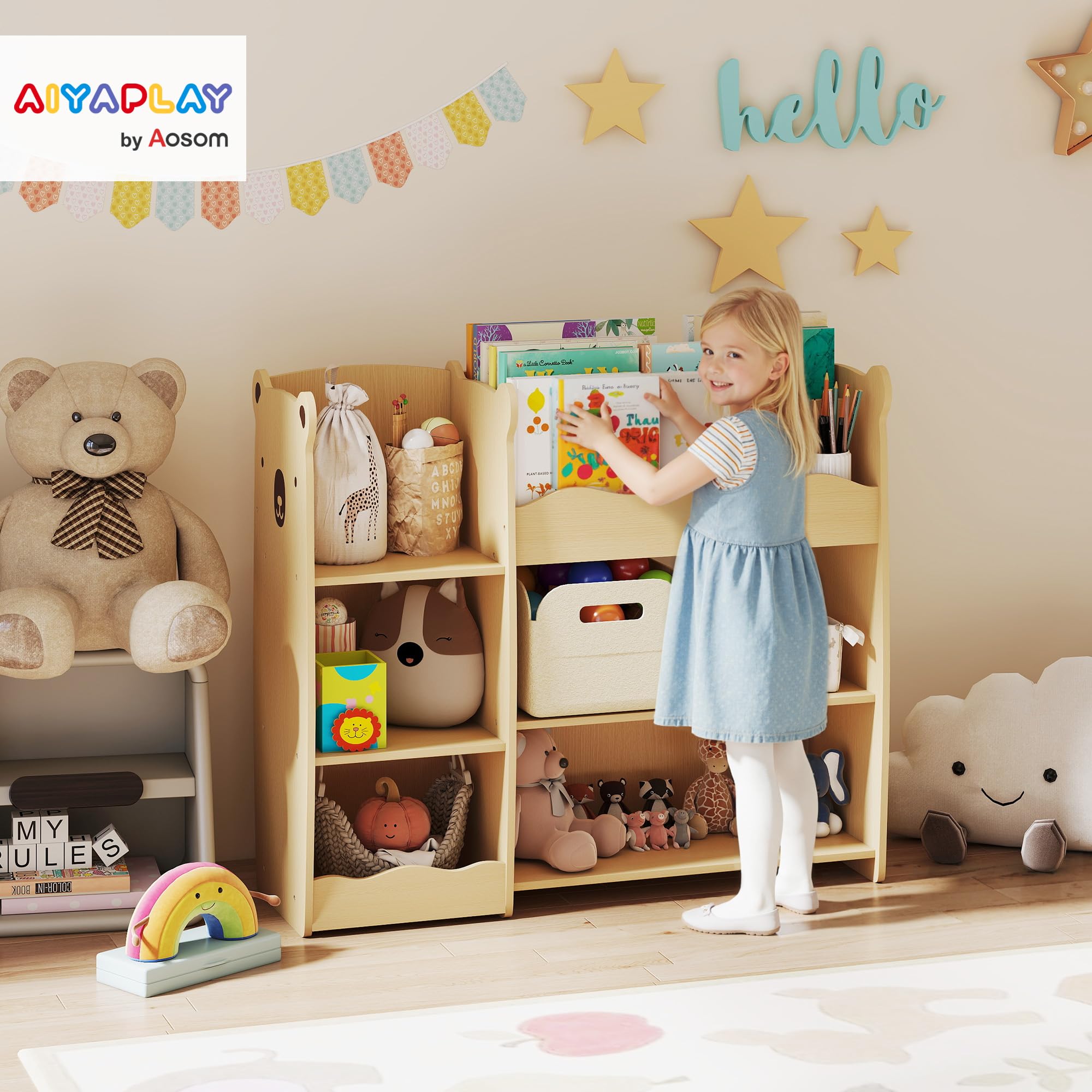 AIYAPLAY Meuble Rangement Enfant à 3 Niveaux, étagère de Rangement pour Jouets Enfants avec étagères Ouvertes, pour Chambre, crèche, Salle de Jeux, Bois Naturel