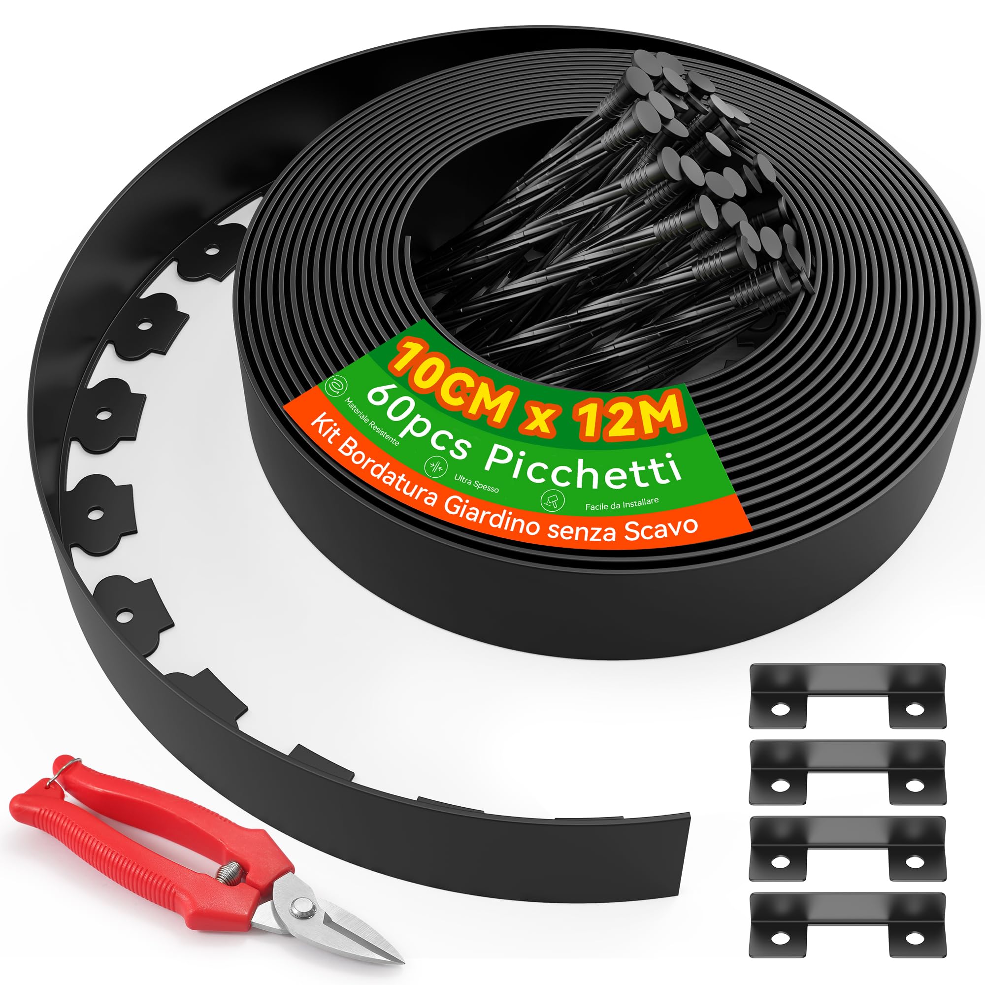 10cm di Altezza 12m Bordo da Giardino Senza Scavo con 60 Picchetti in Plastica da 20cm e 4 Connettori – Kit Bordatura per Giardino con Forbici per Paesaggistica, Prato, Aiuole e Cortile