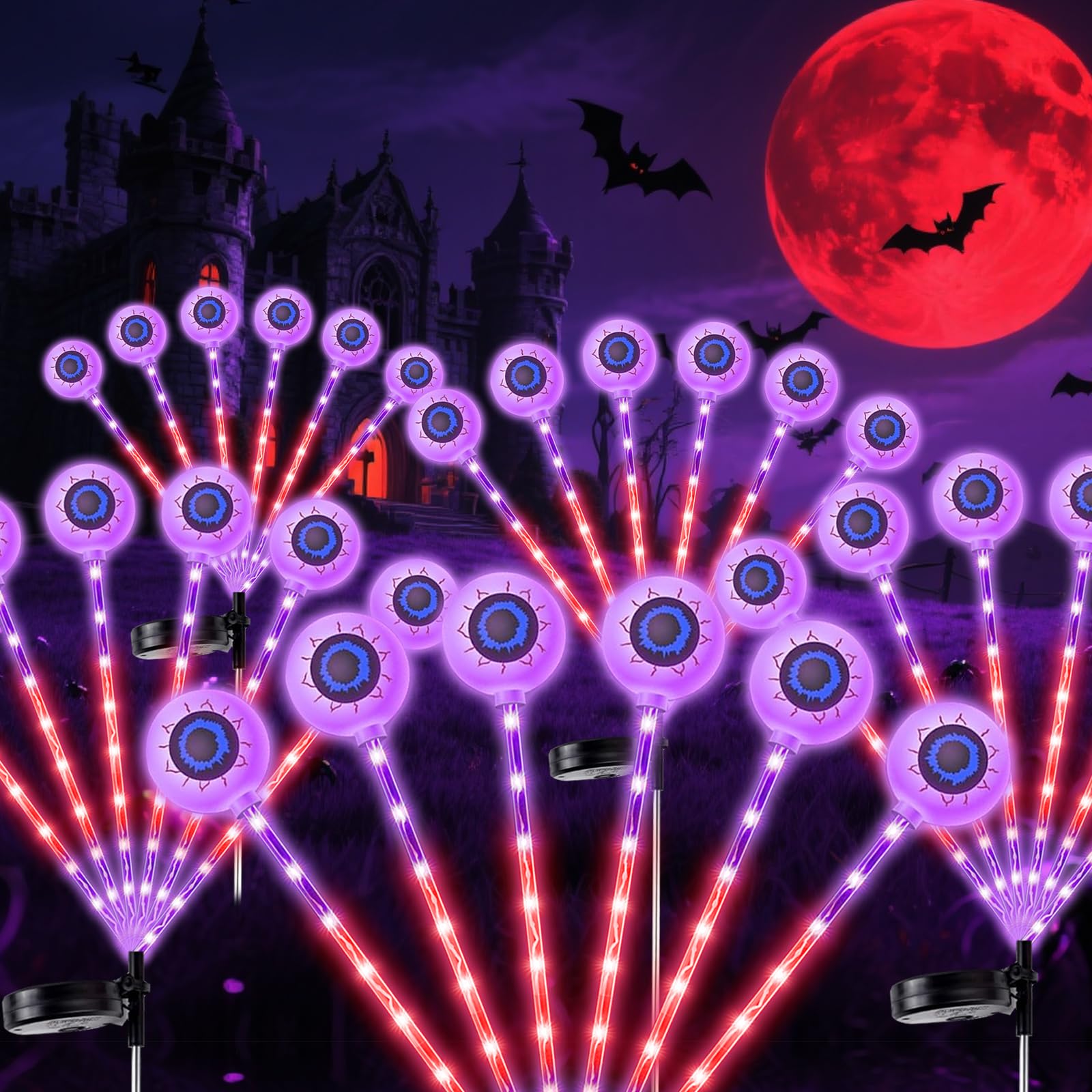 Halloween Decorations Outdoor Solar Scary Eyeball Lights Swaying by Wind Purple Solar Lights Outdoor Waterproof Solar Pathway Firefly