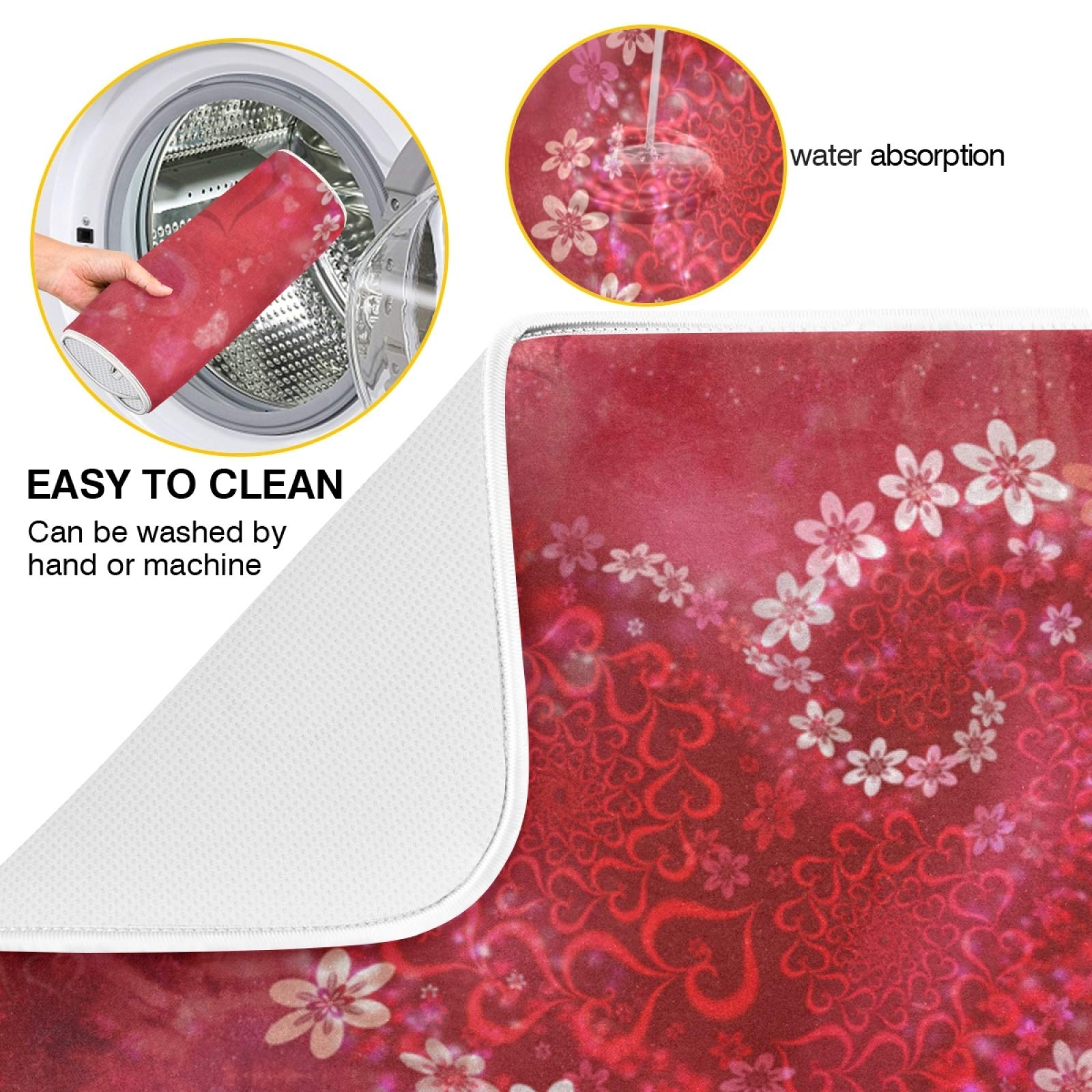 Happy Valentines Day Floral Heart Dish Drying Mat 16x18 inch Absorbent Reversible Microfiber Mat Dish Dry Pad Protector for Kitchen