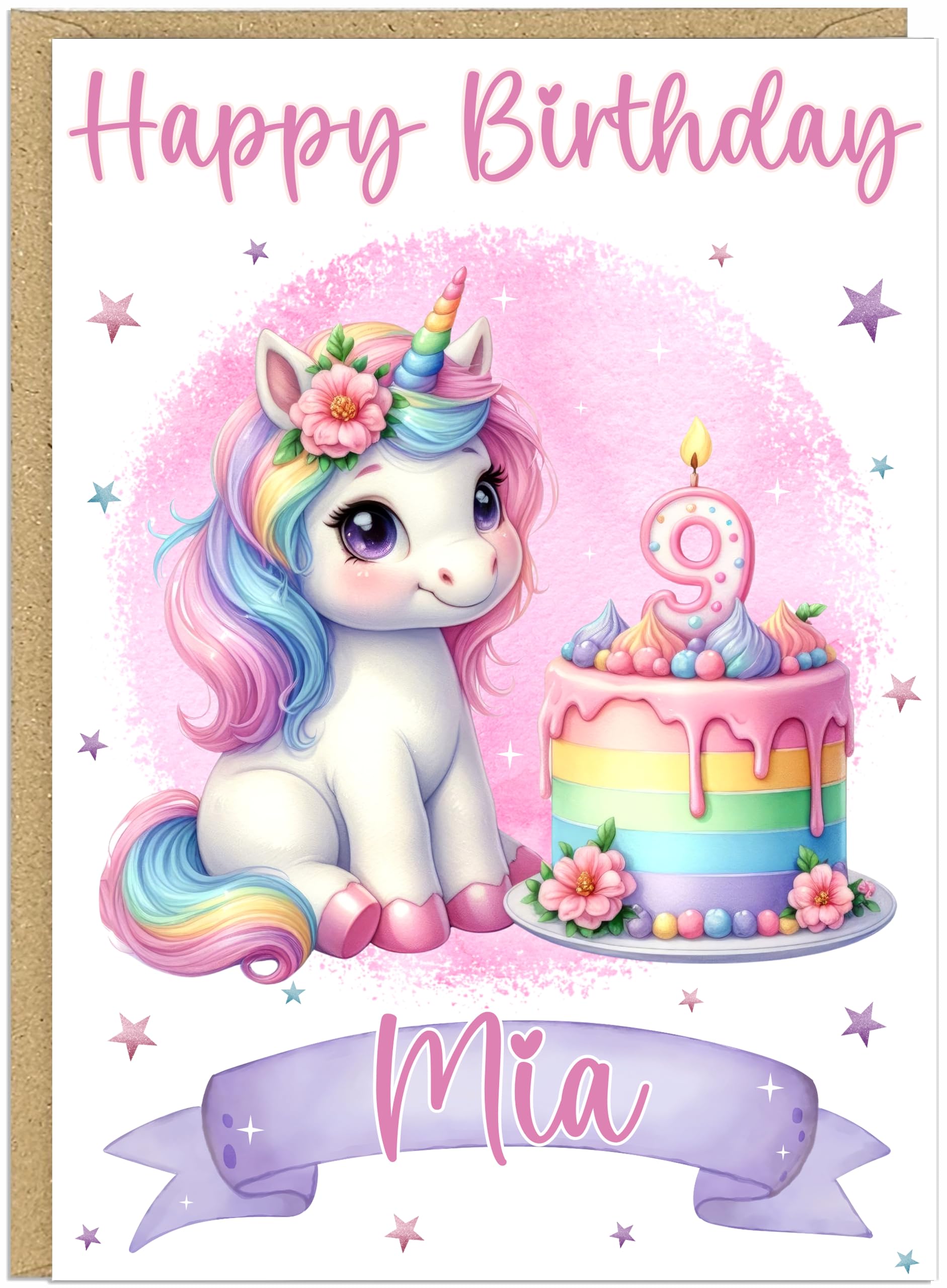 Personalised Cute A5 Unicorn Happy Birthday Cards for Little Girls - Custom Own Name & Age 1-12 Years Designs - Cute Girly Greeting Cards For Her (Age 9)