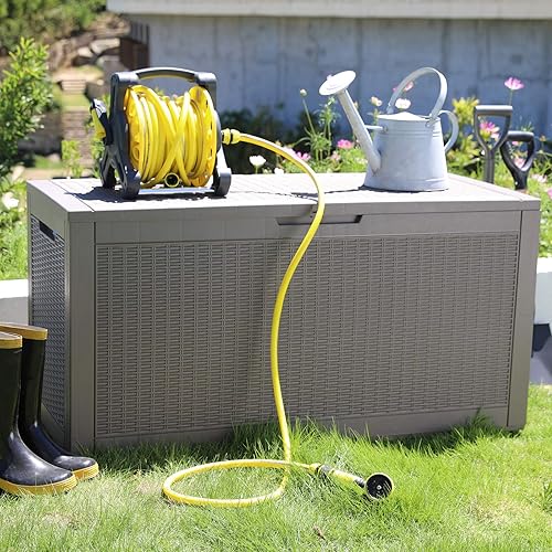 Miniatura 5 de Modern-Depo Caja de cubierta de 100 galones, impermeable, banco de almacenamiento para exteriores, resina, herramientas de jardín, toallas de