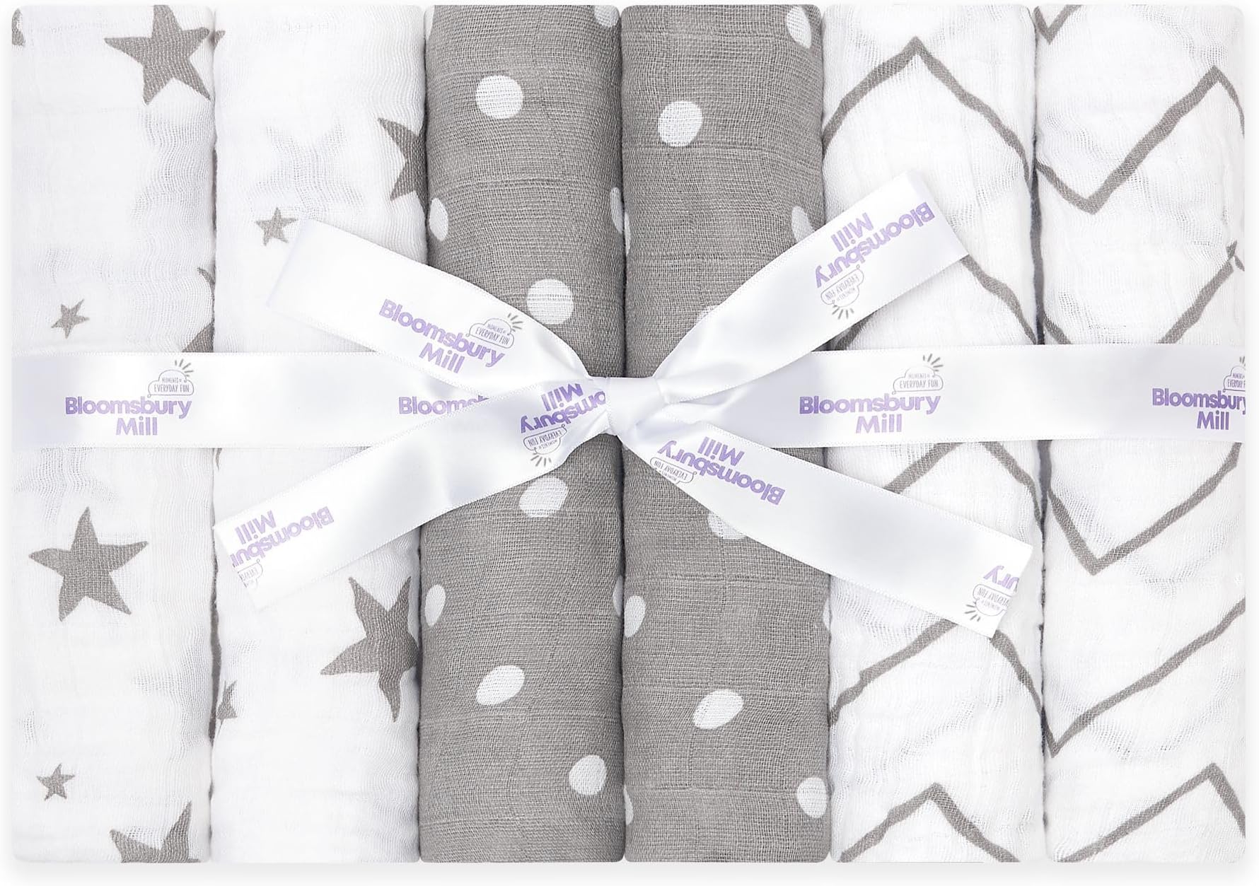 Bloomsbury Mill - Muslin Cloths for Baby - Soft 100% Organic Cotton Muslin Squares - Baby Muslins Pack of 6 - Large Burp Cloths - Essentials For Newborn - Grey & White - 70x70cm