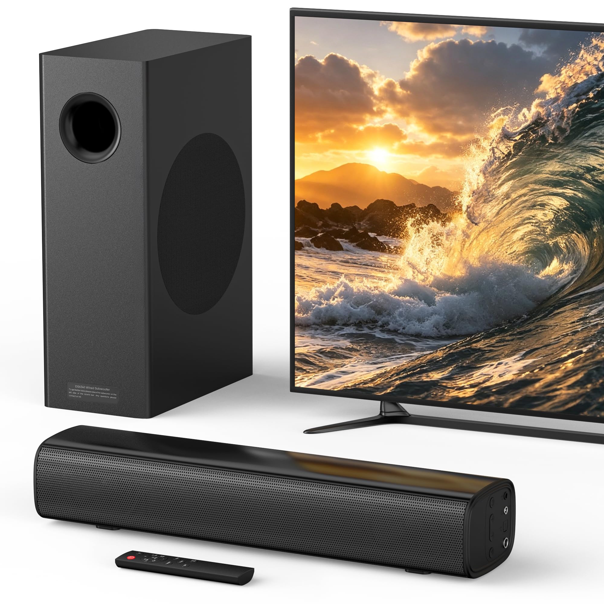 Barra de sonido de 70 W con subwoofer para TV, barra de sonido compacta de 14.2 pulgadas de 2.1 canales con graves profundos, Bluetooth 5.3, óptico/AUX, sistema de altavoces de cine en casa