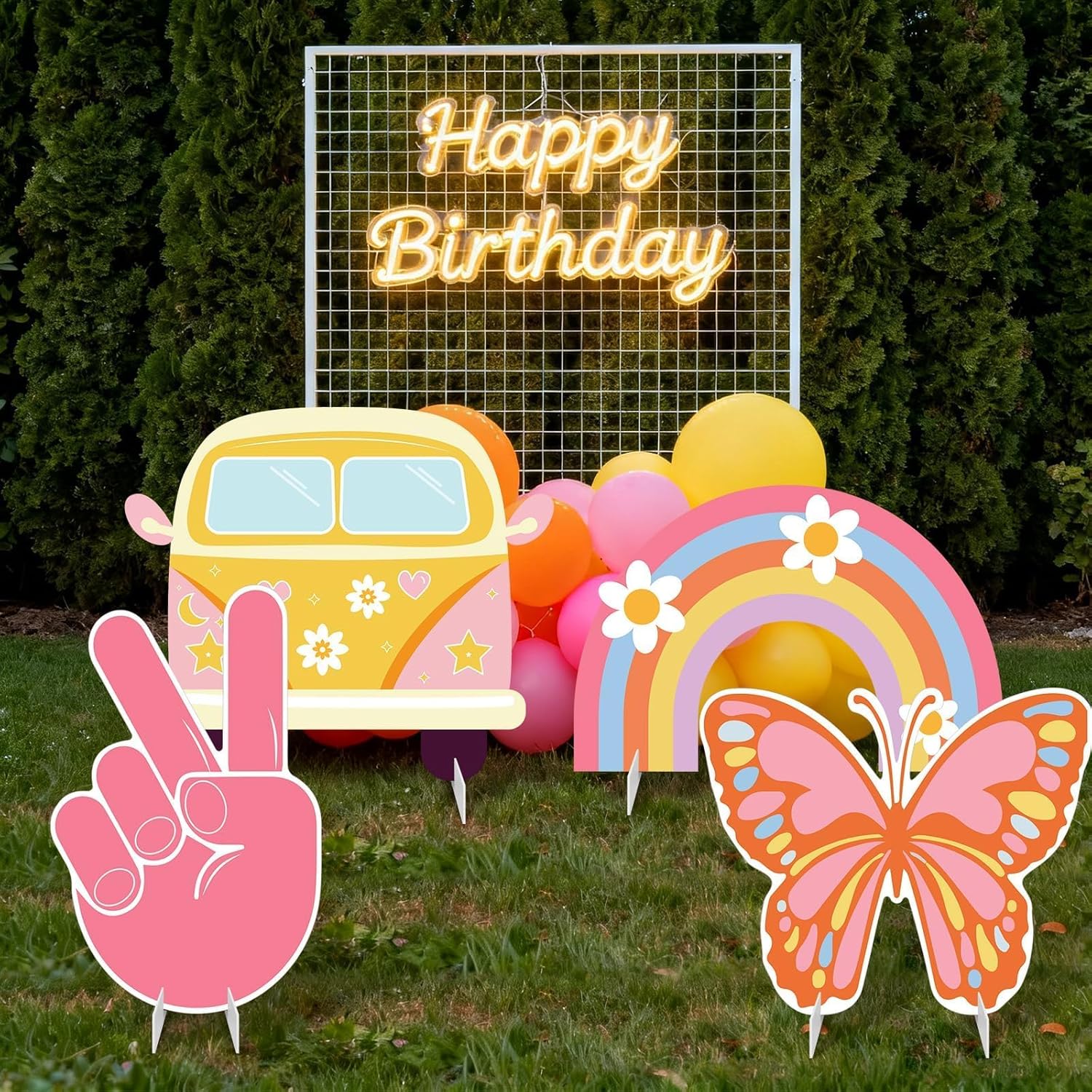 4 PCS Retro Groovy Birthday Cardboard Cutouts, Hippie Party Standee Set, Peace Signs Bus & Flower Power Photo Booth Props, Two Groovy Birthday Decorations for Baby Shower 60s 70s Themed Party