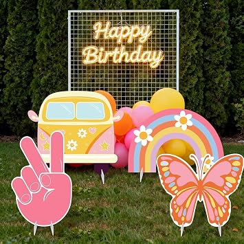 4 Pcs 24 Inch Large Hippie Photo Booth Props, Retro Groovy Birthday Cardboard Cutouts, Boho Bus Rainbow Daisy Peace Sign Flower Power Backdrop for Baby Shower 60s 70s Birthday Party Supplies