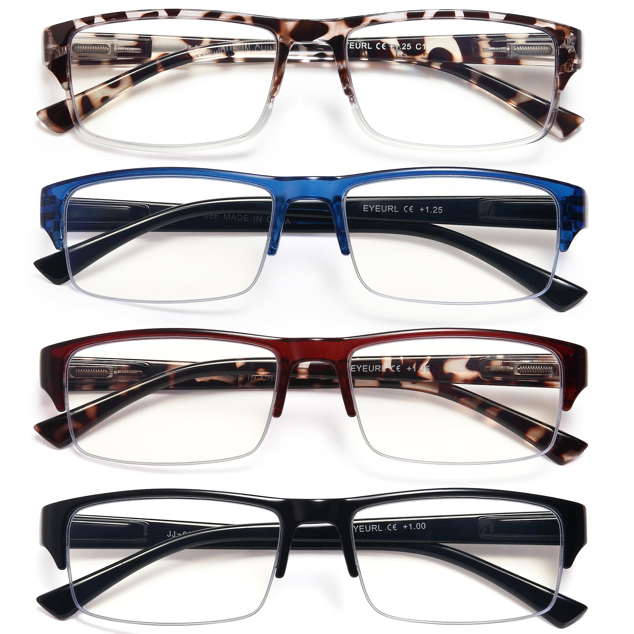EYEURL 4-Pack Half Frame Reading Glasses for Men Women Blue Light Blocking Computer Readers for Women Lightweight Rectangle Semi Rimless Computer Glare/UV Half Frame Spring Hinge Eyeglasses,2.75