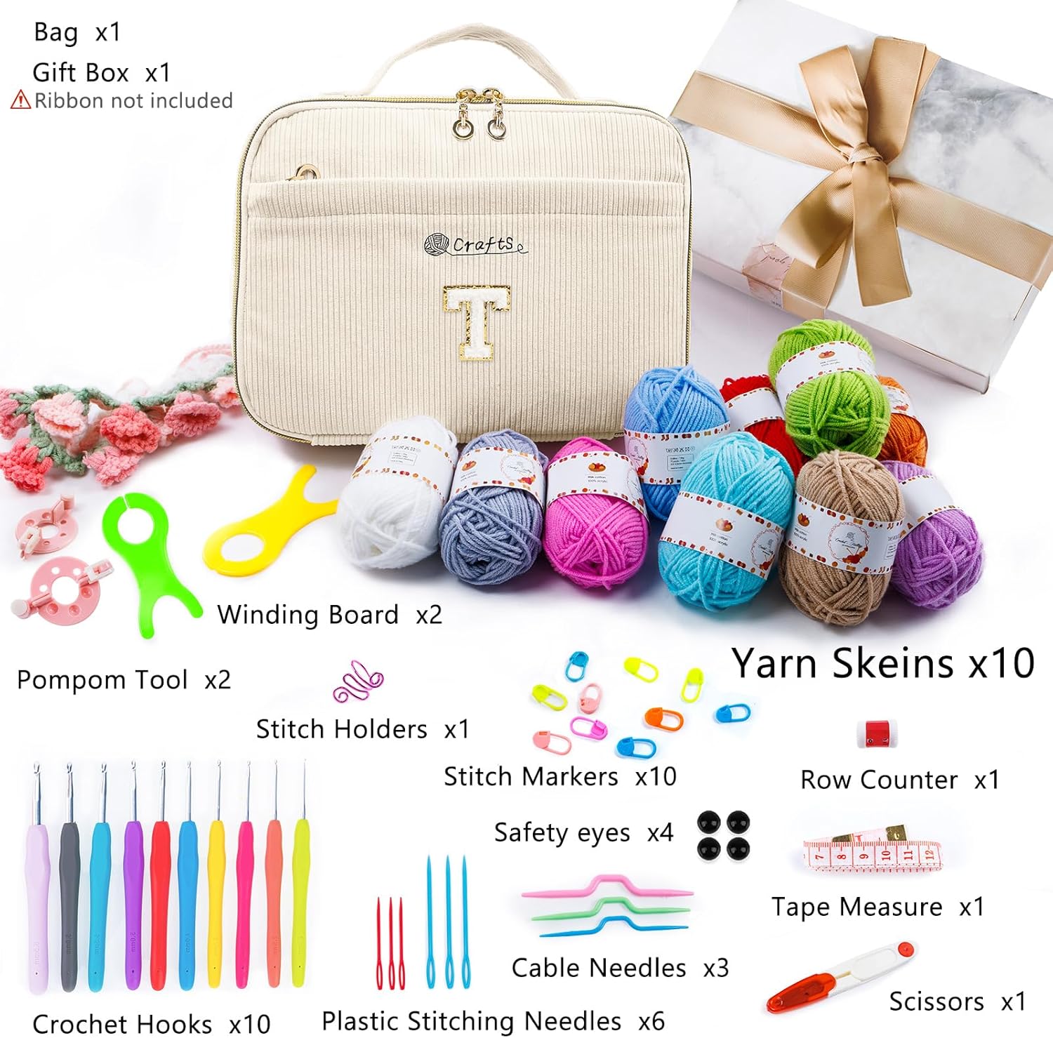 MYBAGZING Initial Crochet Kit for Beginners with Yarn Storage Bag, 10pcs Crochet Hooks 2.0-6.0 mm, 10 Skeins Yarn for Crocheting, Knitting Accessories, 58pc Crochet Starter Kit for Adults