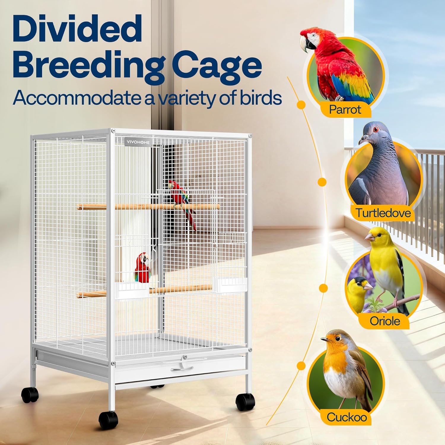 VIVOHOME 30 Inch Height Wrought Iron Bird Cage with Rolling Stand for Conures Lovebirds Cockatiels Finches, White