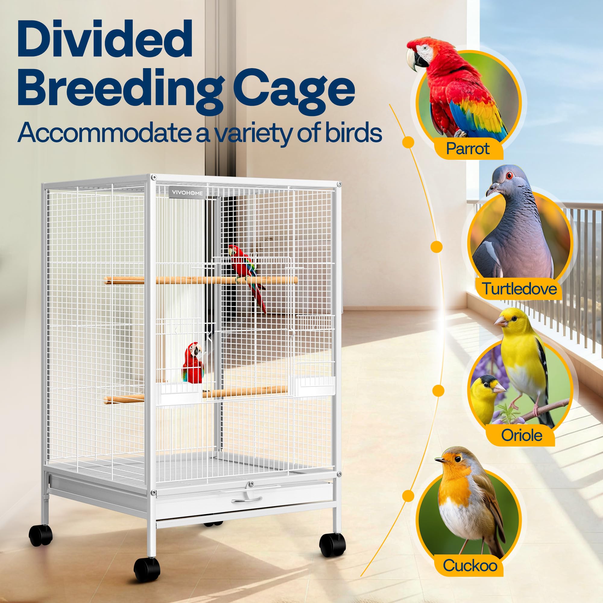 VIVOHOME Jaula para pájaros de hierro forjado de 30 pulgadas de altura con soporte rodante para loros Conure Lovebird cacatúa blanca