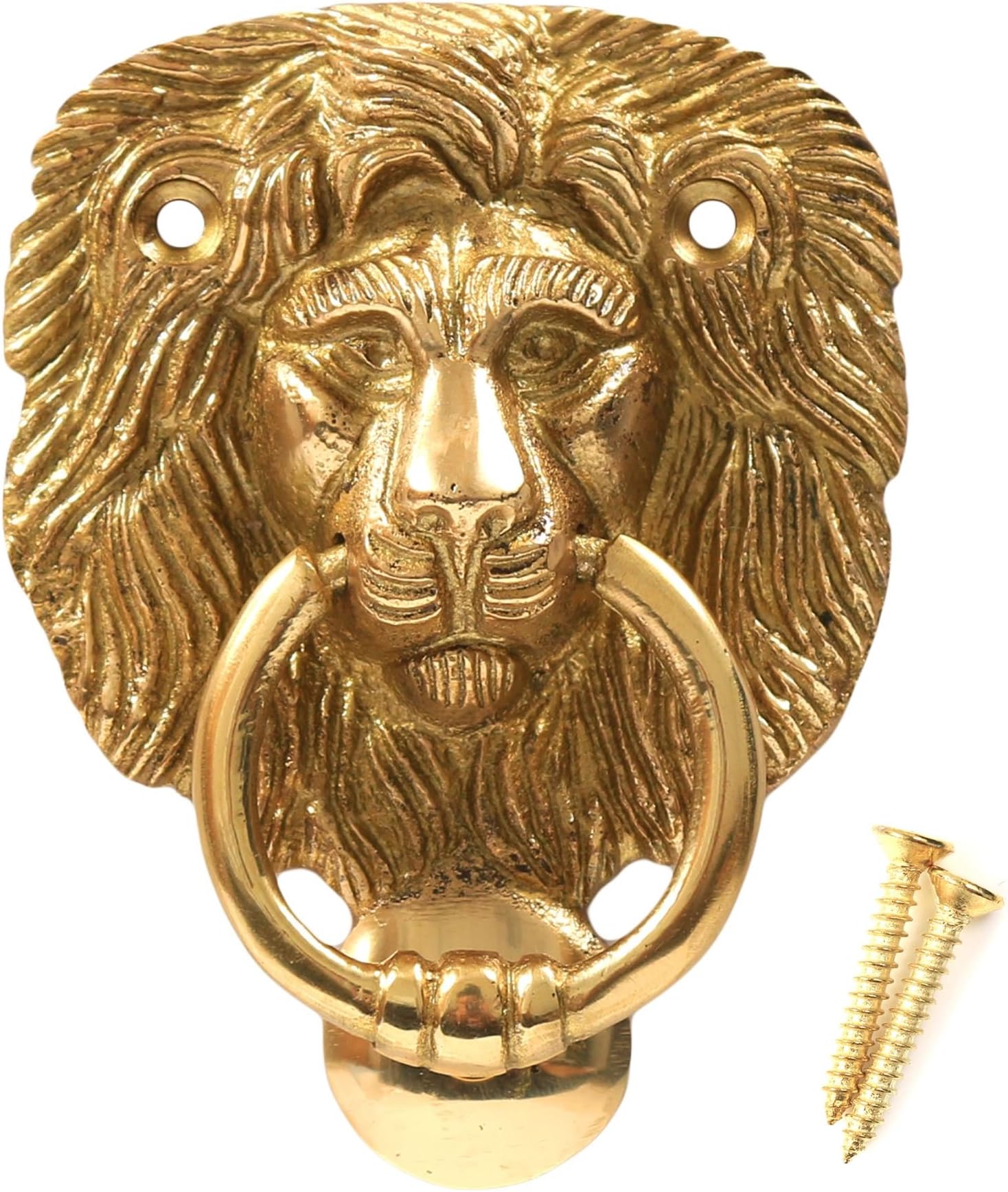 Polished Solid Brass Lion Head Door Knocker + Screws - Traditional Classic Victorian Style