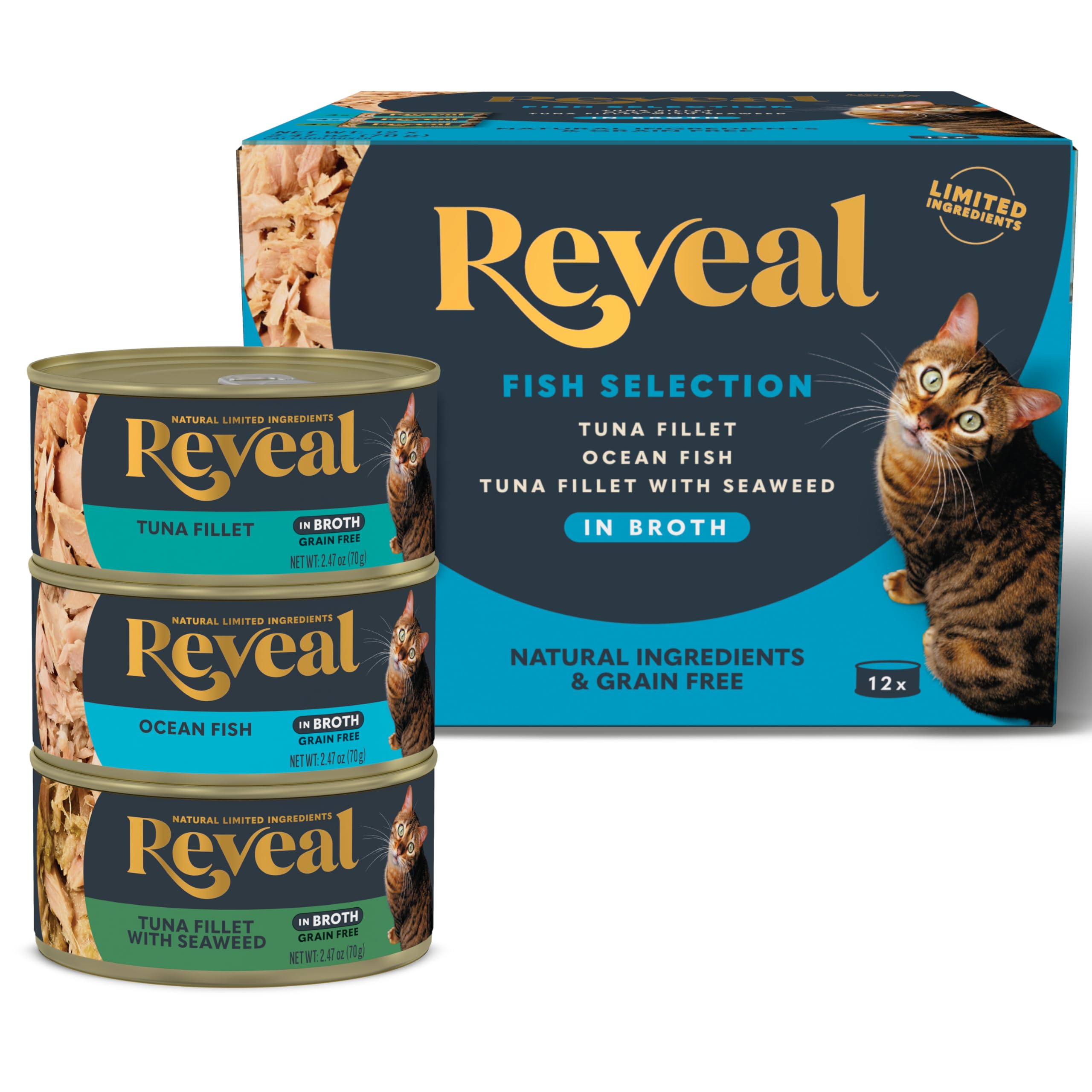 RevealNatural Wet Canned Cat Food, Limited Ingredient, Grain-Free, High Protein with No Artificial Additives, Fish Variety in Broth (12 x 2.47 oz Cans)