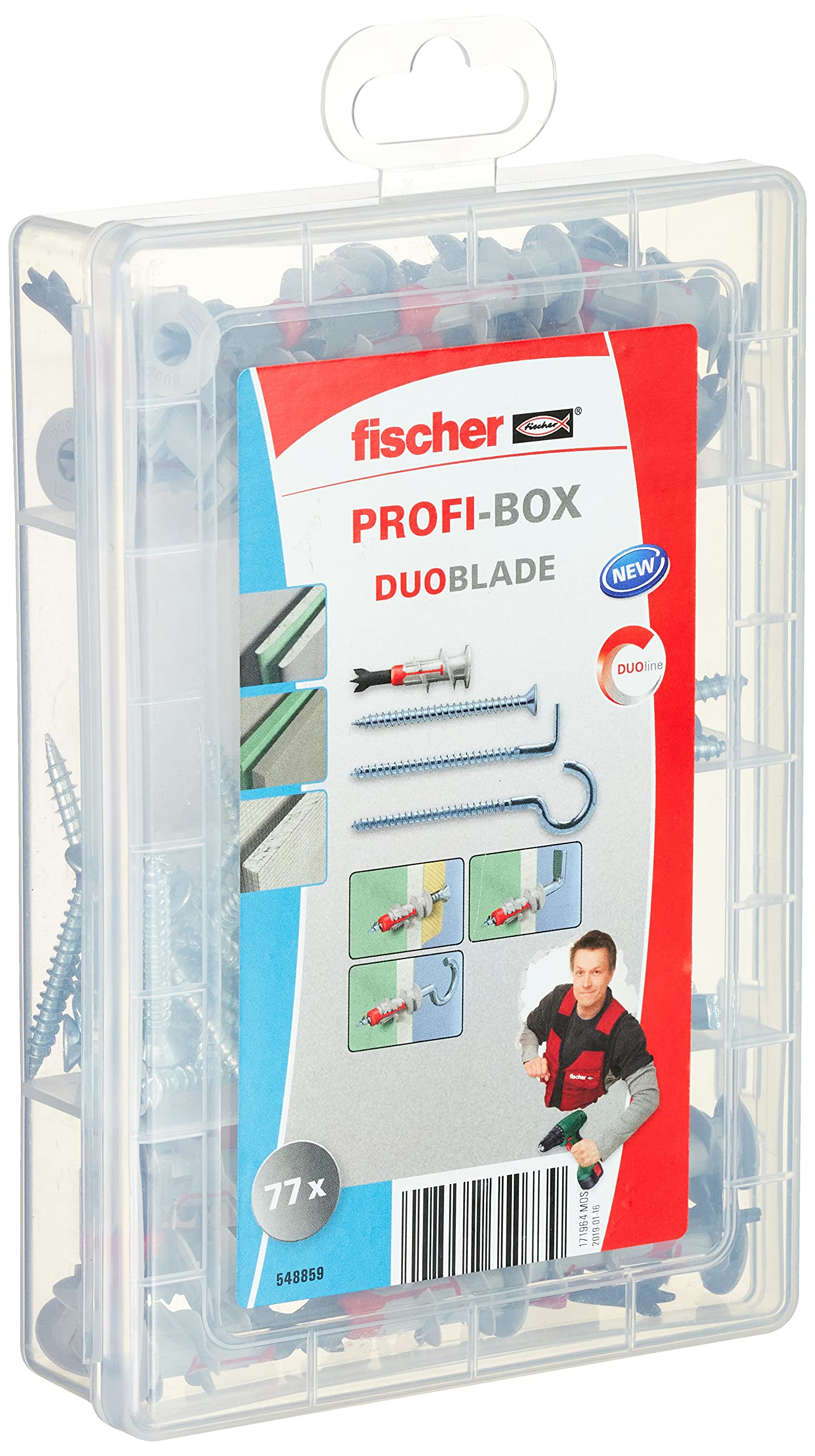 fischerProfessional Box DuoBlade, Practical Assortment Box with 77 DuoBlade Dowels, Screws & Hooks, Self-Drilling Plasterboard Dowels, Dowel Box for DIY & Professionals