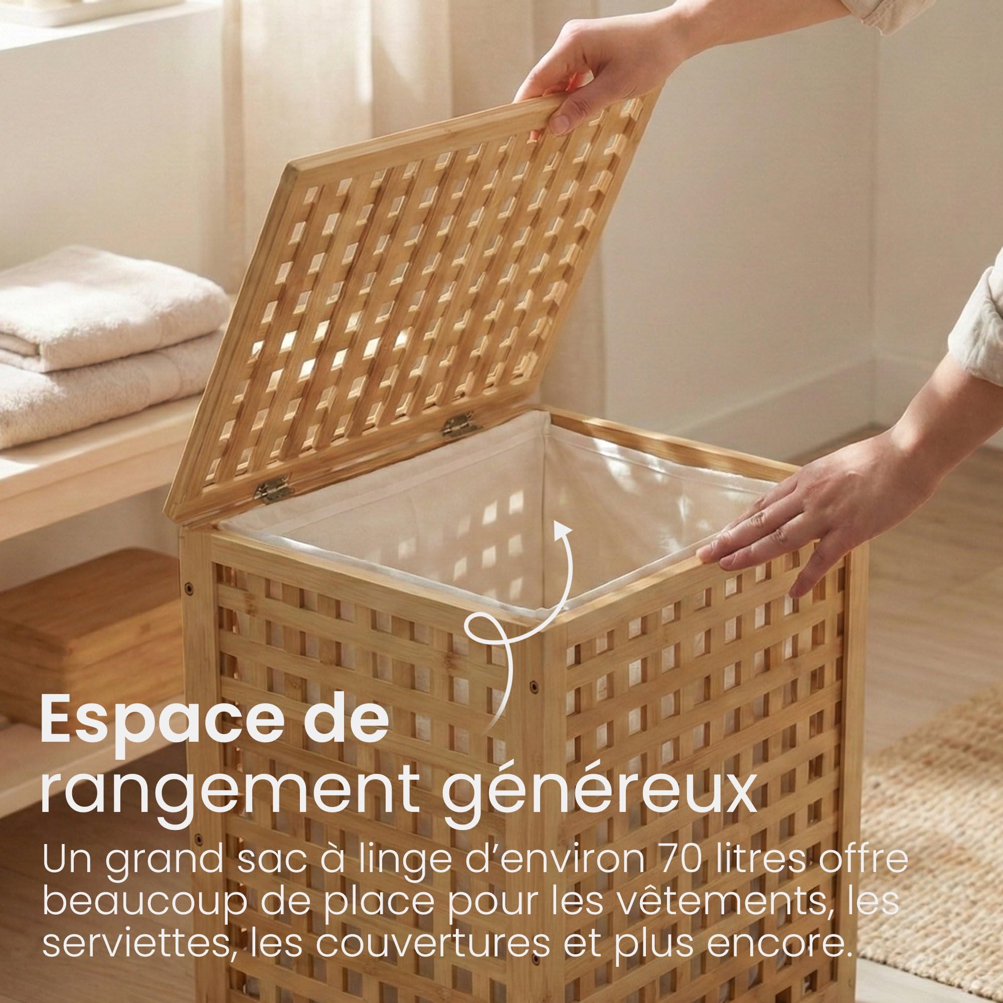 CLP Coffre à linge Ronthy pour linge sale, collecteur en bois Sac à linge 70L lavable et amovible, cadre en bambou pour salle de bain, Couleur:nature