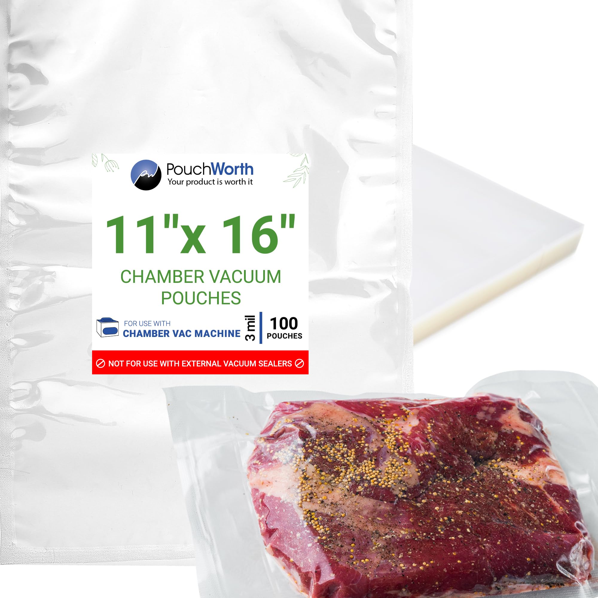 PouchWorth 100 pcs Clear 11" x 16" Gallon, 3 mil Chamber Machine Pouches, Pre-Cut Chamber Vacuum Sealer Bags, Heavy Duty Seal Pouch, BPA-Free Chamber