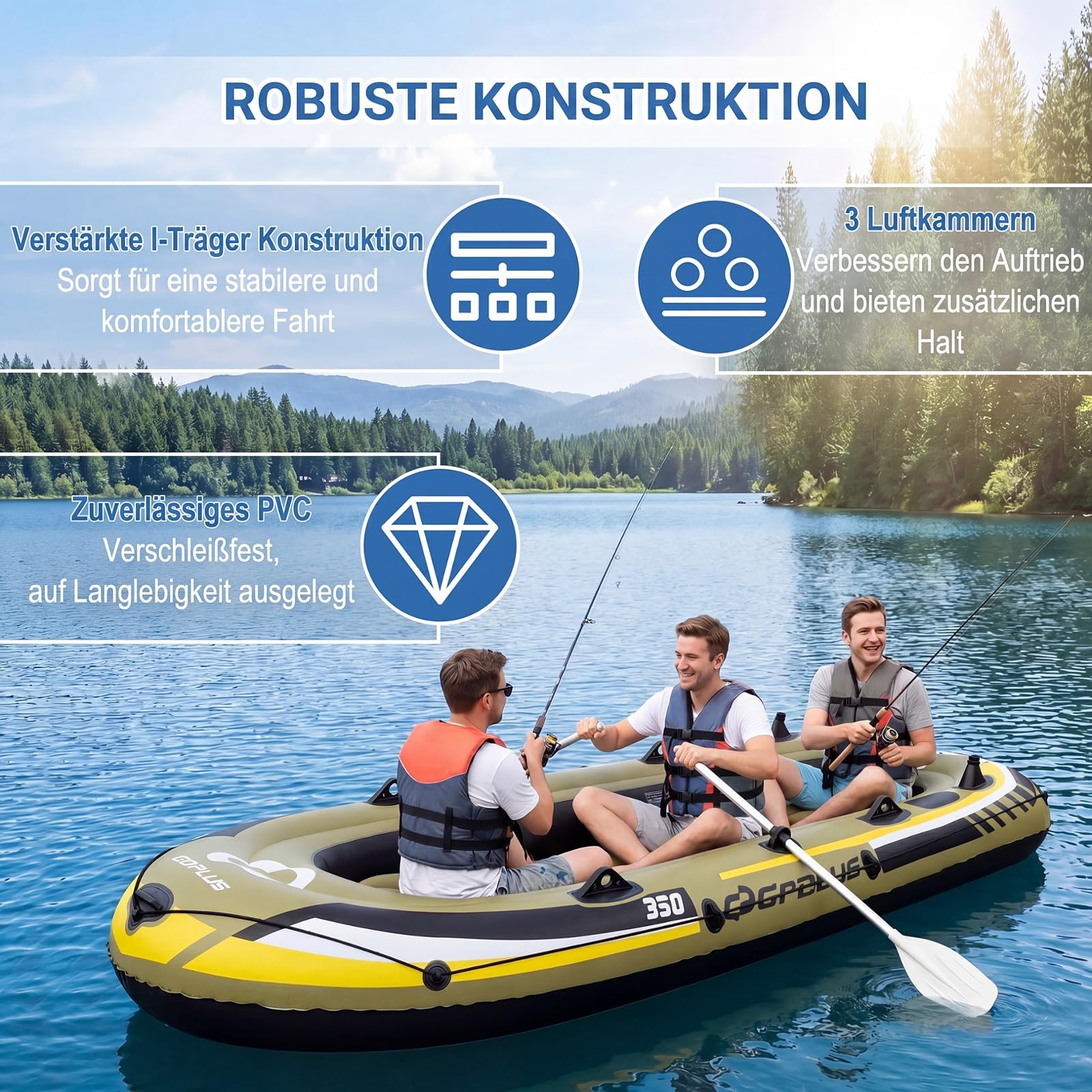 COSTWAY Schlauchboot für 3 Personen, aufblasbares Boot mit 2 Paddeln, Handpumpe, Fischmaßbändern & Angelrutenhaltern, 305 x 136 x 42 cm
