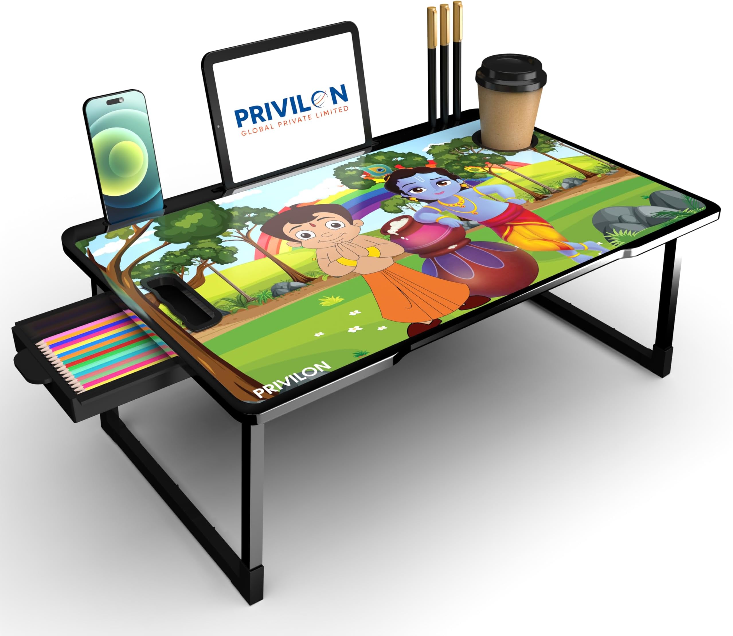 Global Private Limited Foldable Wooden Mini Laptop Table for Bed, Study Table with Drawer, Tablet/Mobile Holder for Kids & Adults->> (BHIM Krishna COTTED)