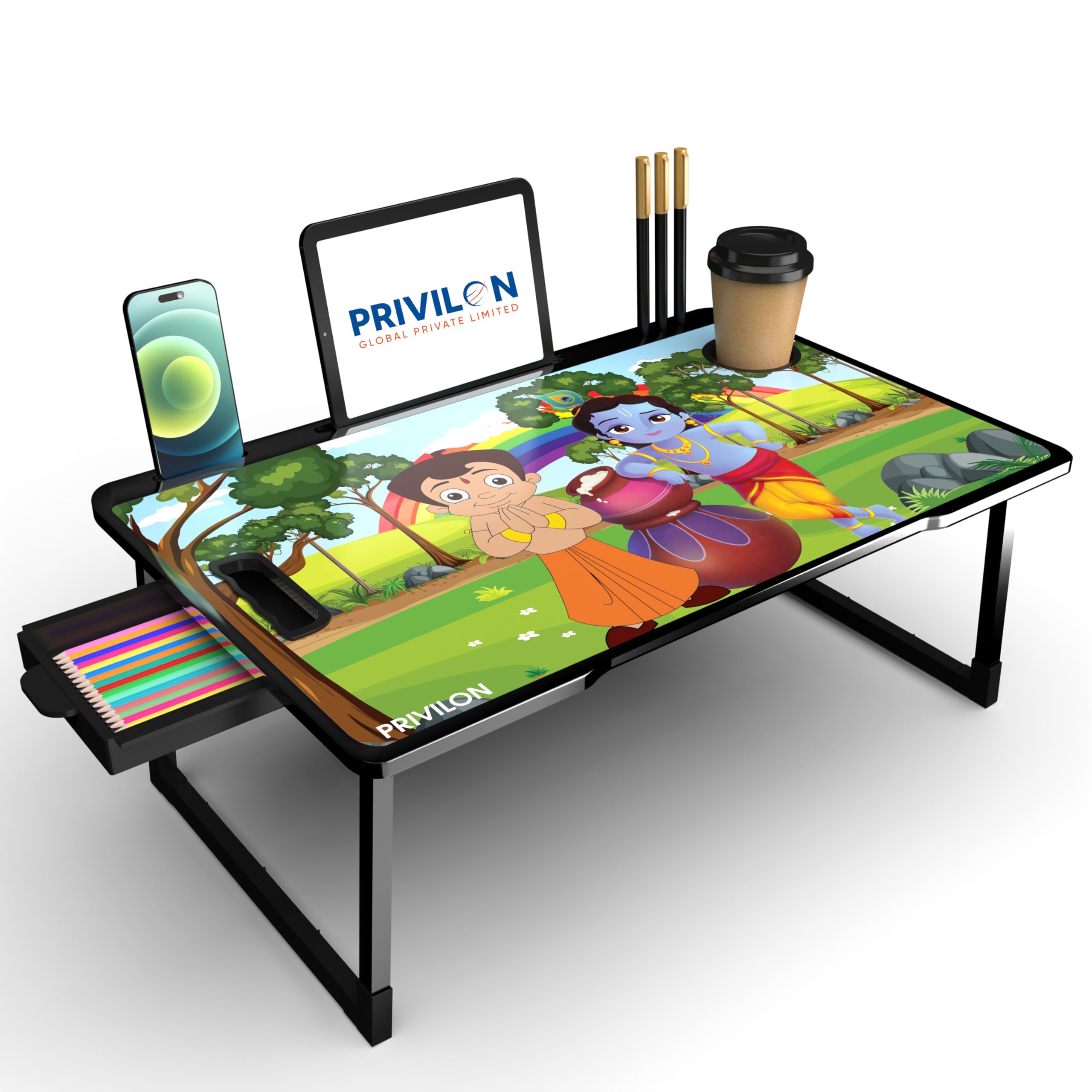 PRIVILON Global Private Limited Foldable Wooden Mini Laptop Table for Bed, Study Table with Drawer, Tablet/Mobile Holder for Kids & Adults->> (BHIM Krishna COTTED)